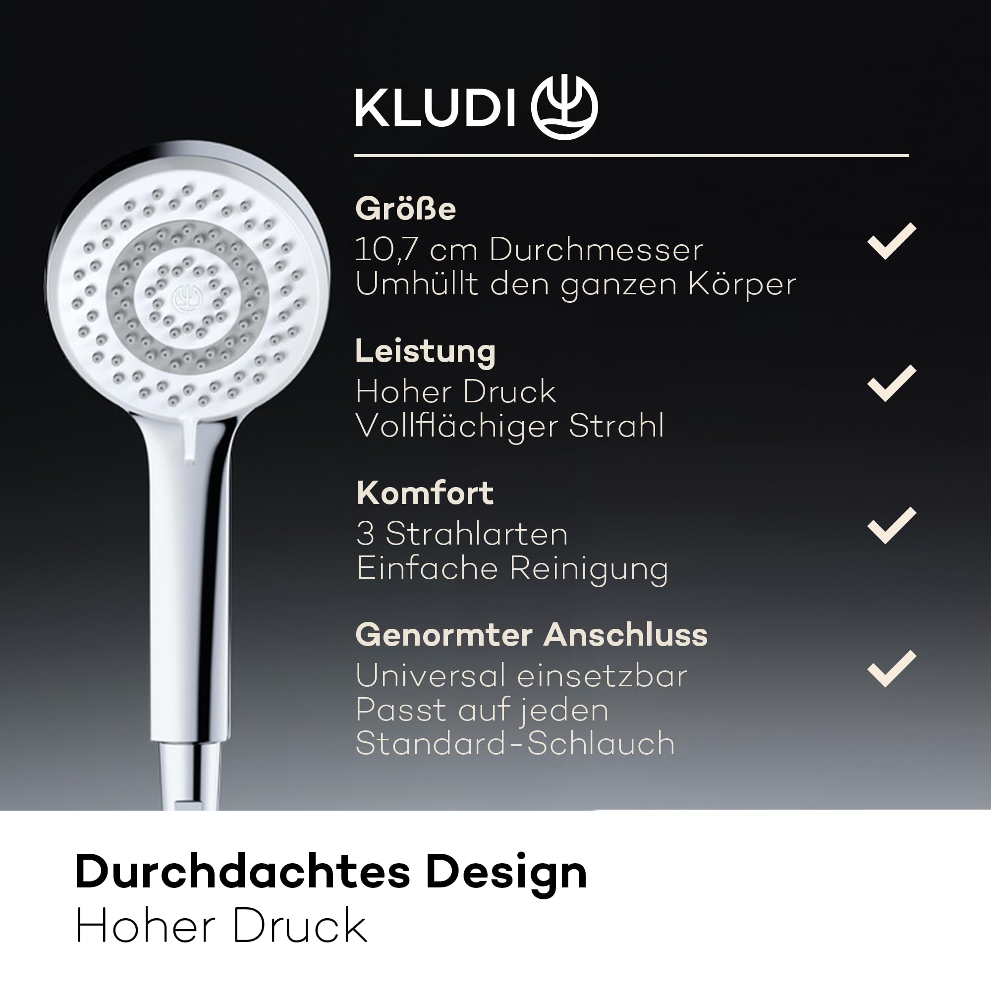 KLUDI-X1 Universal Duschkopf mit Schlauch, Duschbrause optional wassersparend mit 3 Strahlarten (Body, Hair, Skin), reinigungsfreundlicher Brausekopf Ø 10,7 cm, Duschschlauch 1,60 m