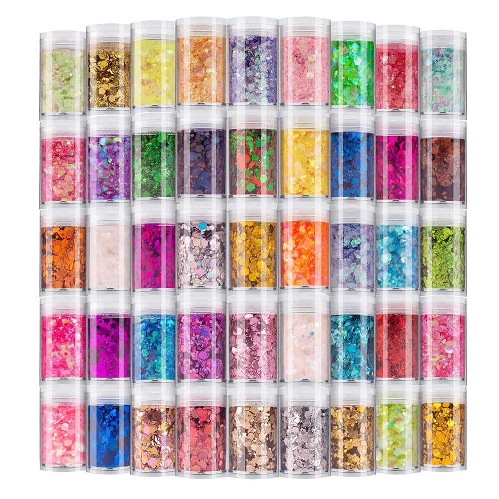 Holographic Chunky Glitter Set of 45 - Fine Craft Sparkle Sequins, Iridescent Flakes for Resin, Body, Face, Eye, Nail Arts, Slime, Tumbler, Festival - Makeup and Craft Supplies