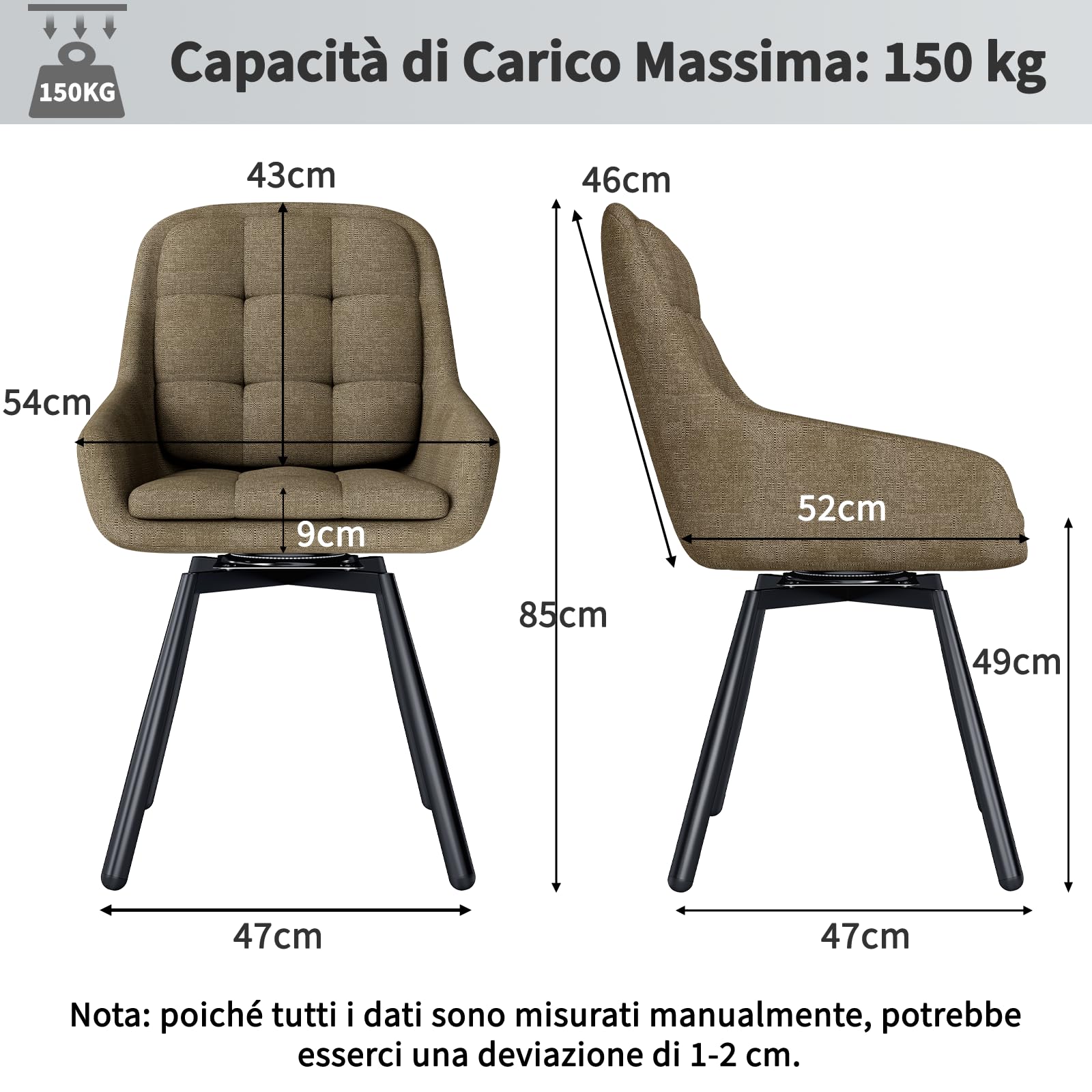JIJIAN Set di 4 Sedie da Pranzo Girevoli 360° con Braccioli, Sedia Imbottita con Gambe Metalliche, Adatta per Soggiorno, Cucina, Camera da Letto e Sala D'attesa, Marrone