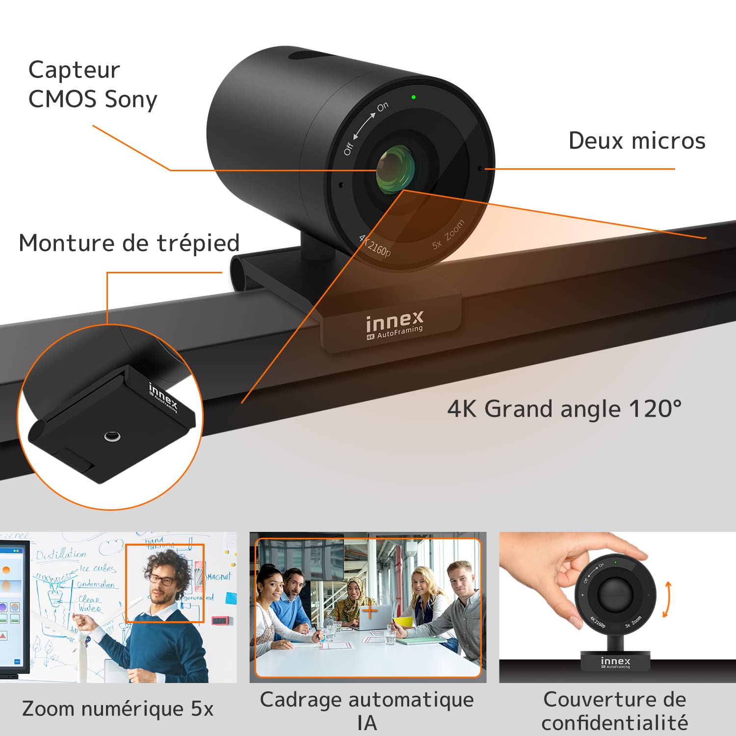 Innex C570 Webcam 4K Grand Angle 120° avec Suivi IA et Microphone