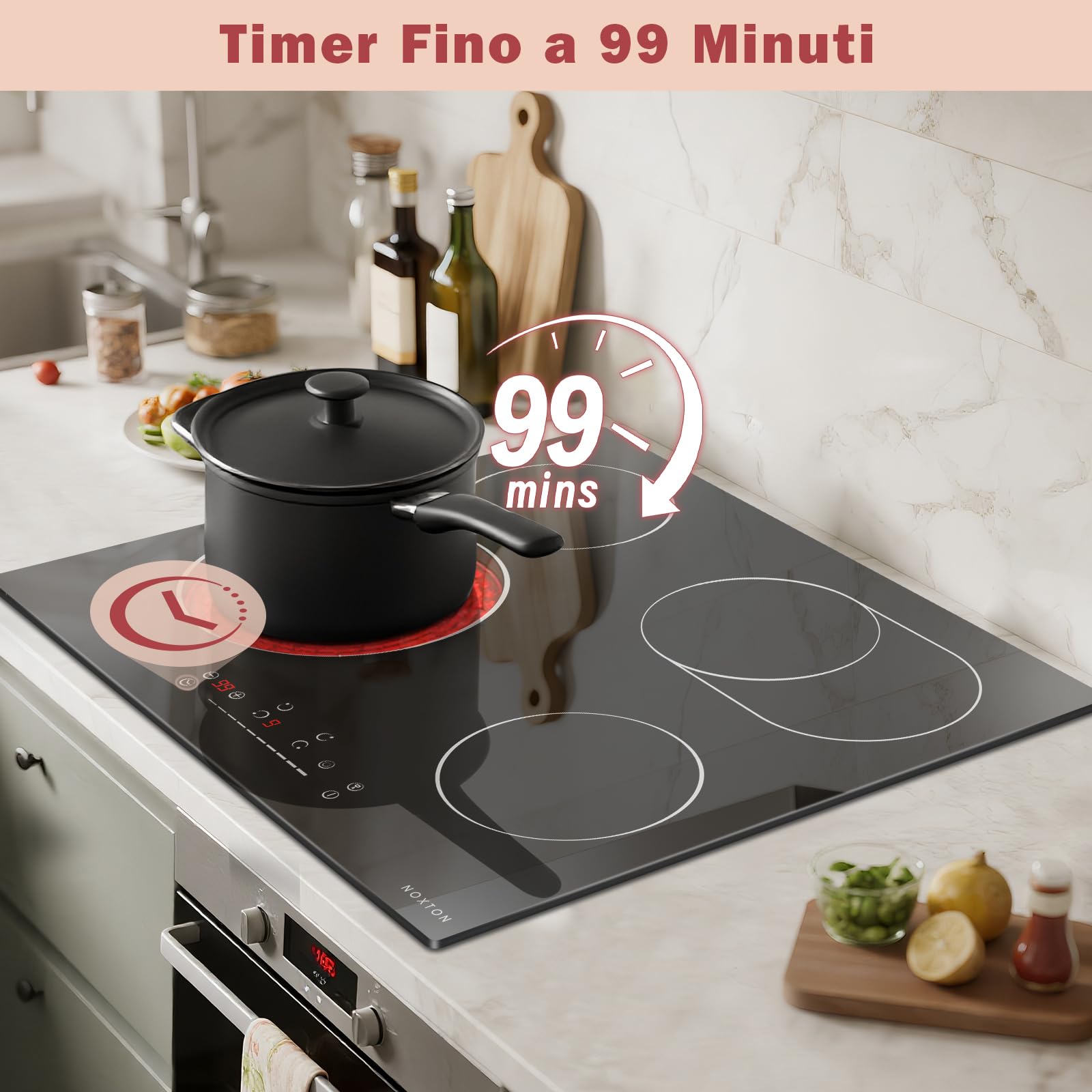 NOXTON Plaque Vitrocéramique 4 Feux, Plaque Electrique Encastrable 6600W, 60 cm Plaque de Cuisson Vitrocéramique avec Zone Ovale, 9 Niveaux de Puissance, Minuterie, Sécurité Enfants