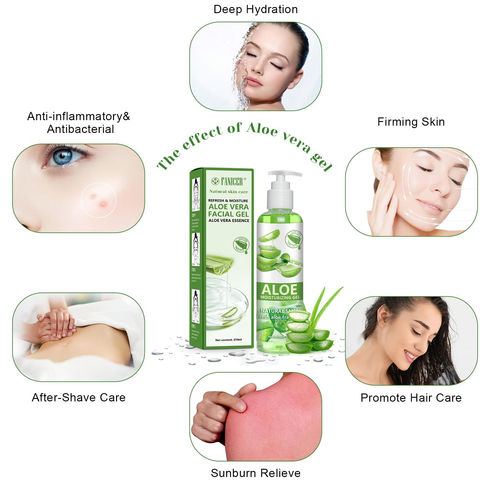 250 ml Gel d’aloe vera,Crème soin rafraîchissant&apaisant pour la peau,formule hydratante douce,nourrissant visage et corps,Pour une utilisation régulière sur peau sèche ou exposée