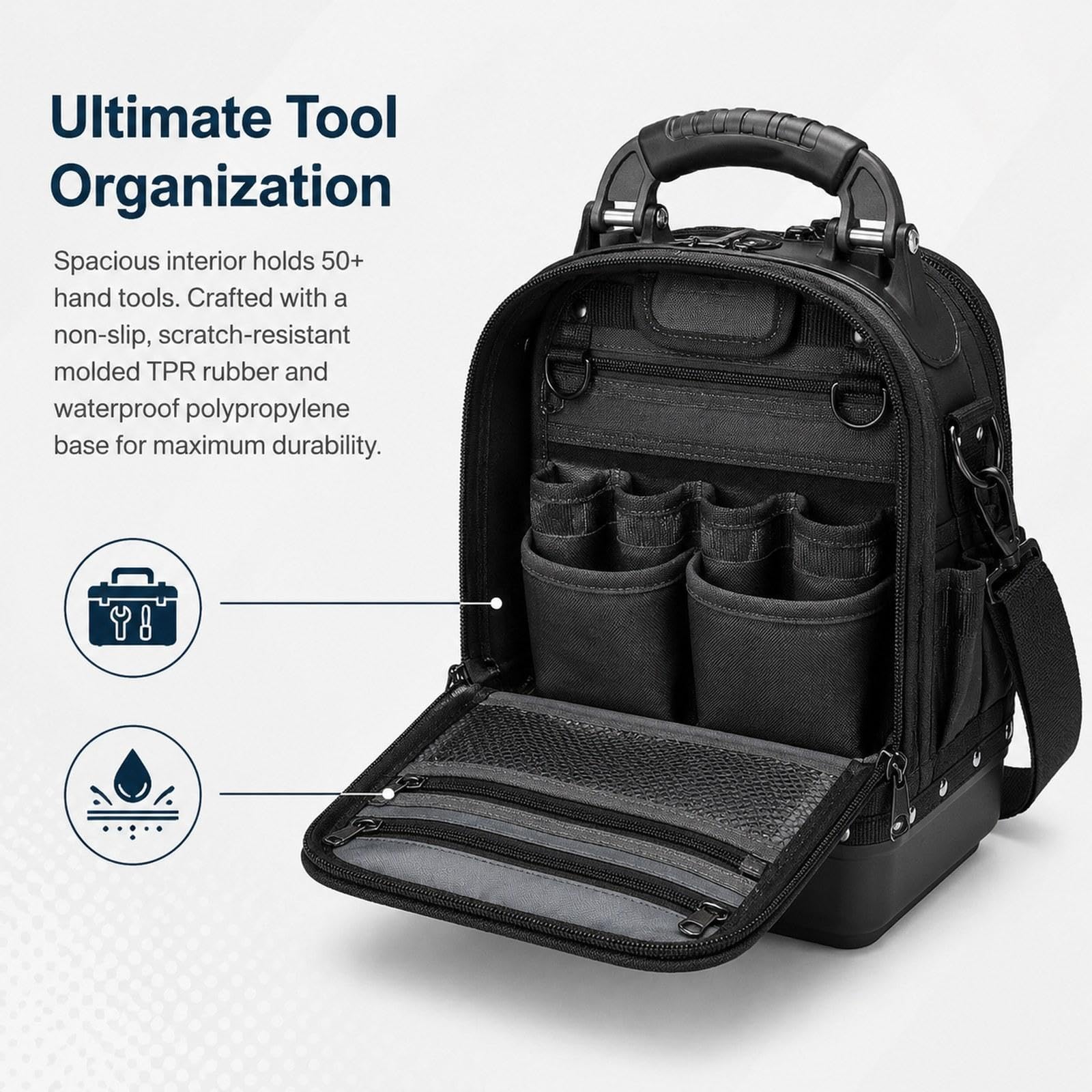 Bolsa de Herramientas Portátil, Soporte para Herramientas, Fuelle Rígido, Oxford 900D, Bolsillo Extraíble, Asa Acolchada, Ideal para Proyectos de Bric, Negro