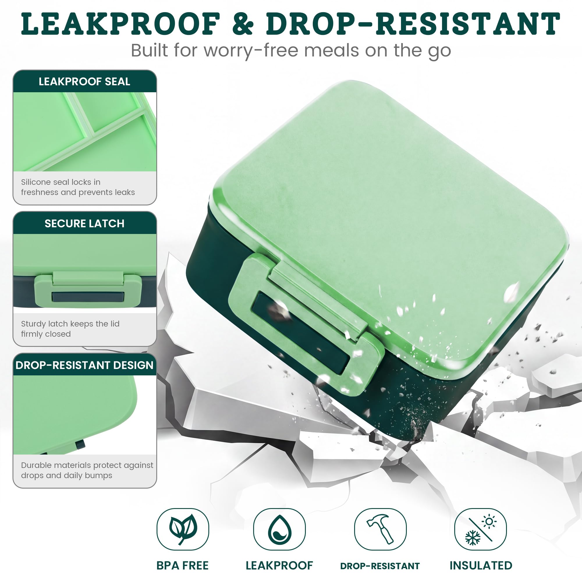MAISON HUIS Bento-Lunchbox mit 237 ml Suppen-Thermo, 5 Fächern, auslaufsicherer Behälter, Thermobehälter für heiße Speisen und isolierte Lunchtasche, BPA-frei, Reisen, Schule (Grün)