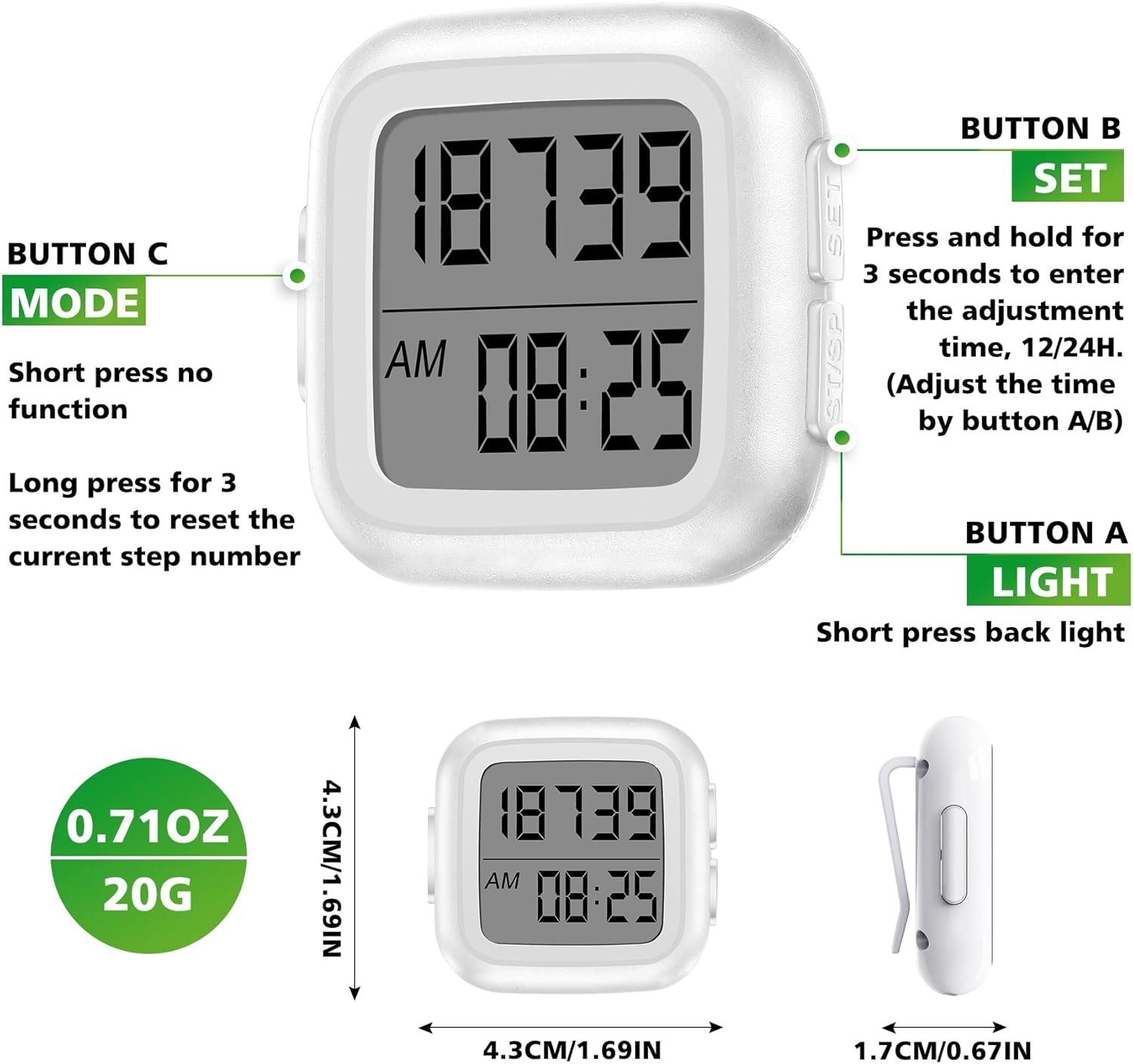 3D Pedometer for Walking with Clip, Simple Step Counter with Large ...