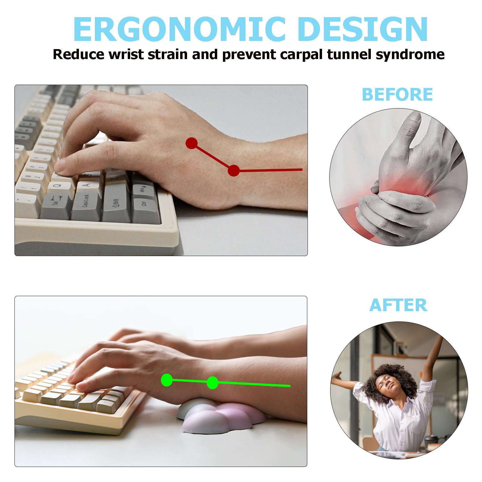 Teclado con reposamuñecas de piel sintética, soporte de muñeca de espuma viscoelástica para teclado de computadora, almohadilla ergonómica y bonita almohadilla de mouse para juegos, oficina