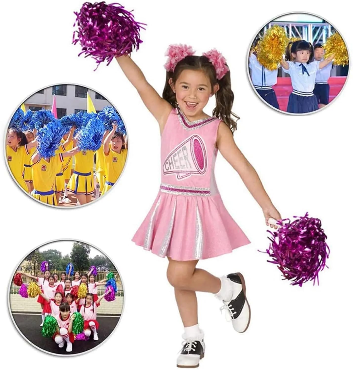 Cheerleading Pom Poms 48-Pack Metallic Foil Cheerleading Pom Poms with Plastic Handles, for Adults Kids Party