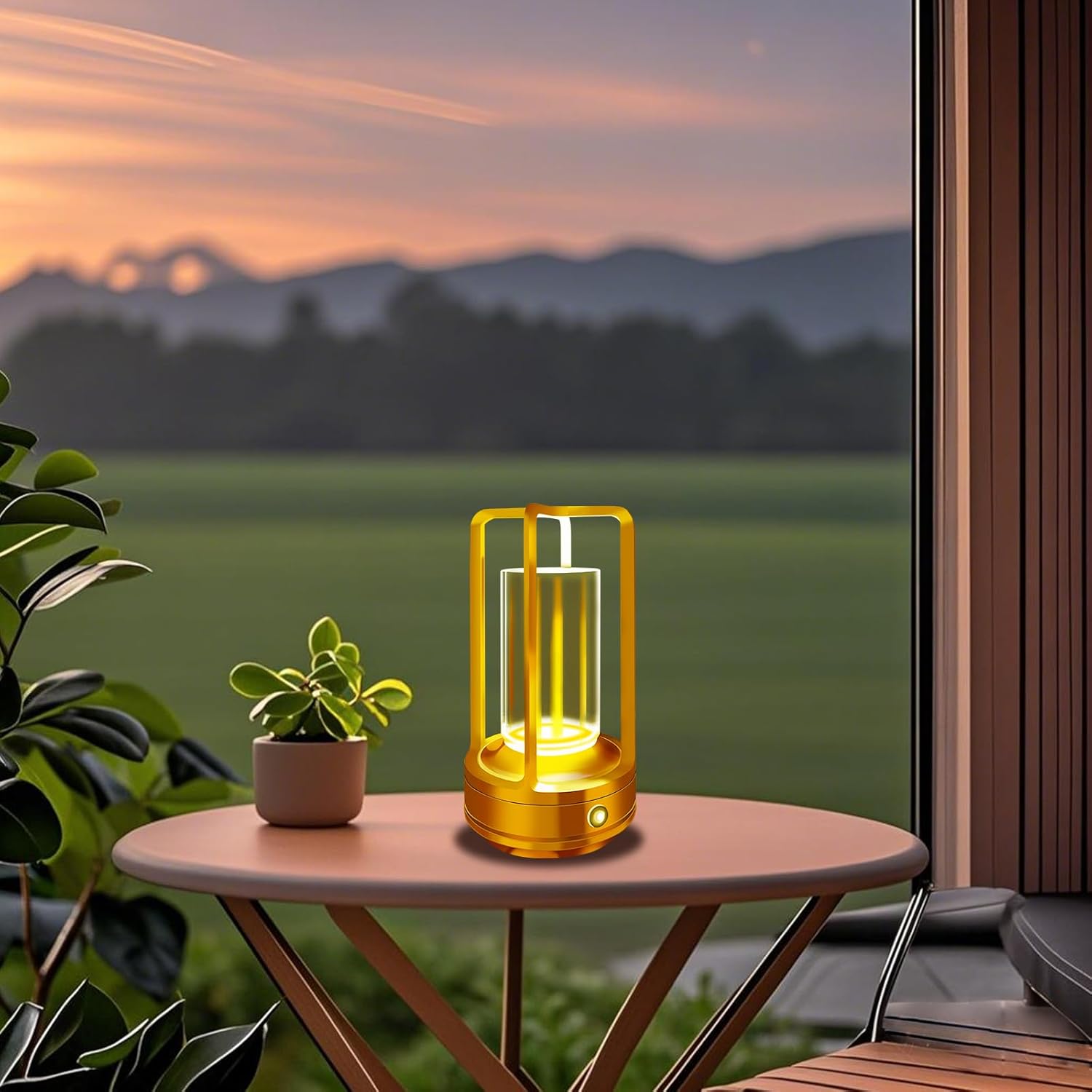 Outdoor Table Lamp, 4000mAh Rechargeable Battery Operated lamp, 3 Color Stepless Dimmable Cordless Table Lamp for Patio, Camping, Coffee Table, Crystal Lantern lamp for Indoor/Outdoor (Gold Set of 2)