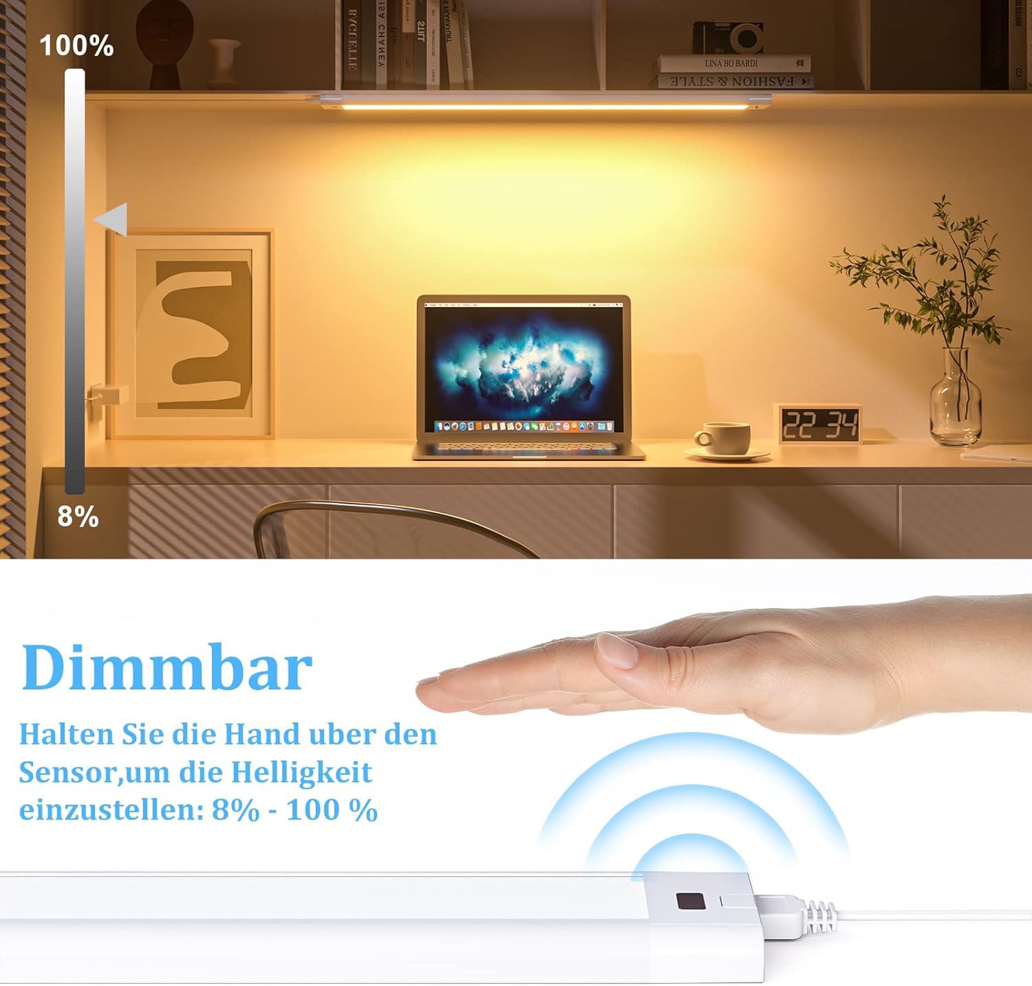 WOBANE 60cm Unterbauleuchte Küche LED Dimmbar, 5 Lichtfarben, Berührungslos | Handbewegungssensor, Speicherfunktion, 112 LEDs 1400 Lumen, Flaches Aluminiumgehäuse, für Schrank, Regale, Werkbank, 24V Weiß