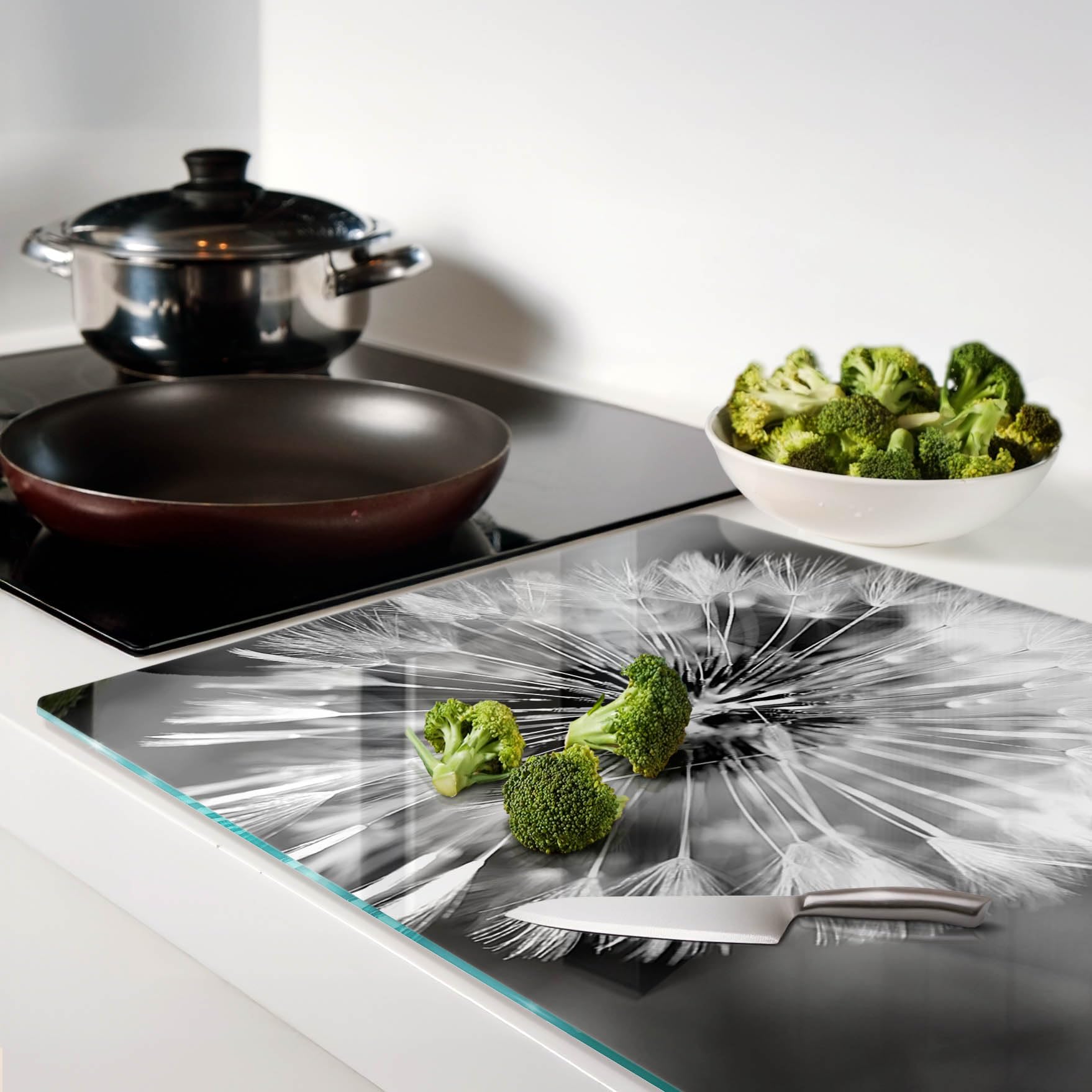 Tagliere Vetro Temperato 80x52 cm Antigraffio con Piedini Antiscivolo Rettangolare Resistente al Calore Facile da Pulire da Cucina con Stampe Durevole e Igienico - Motivo con dente di leone