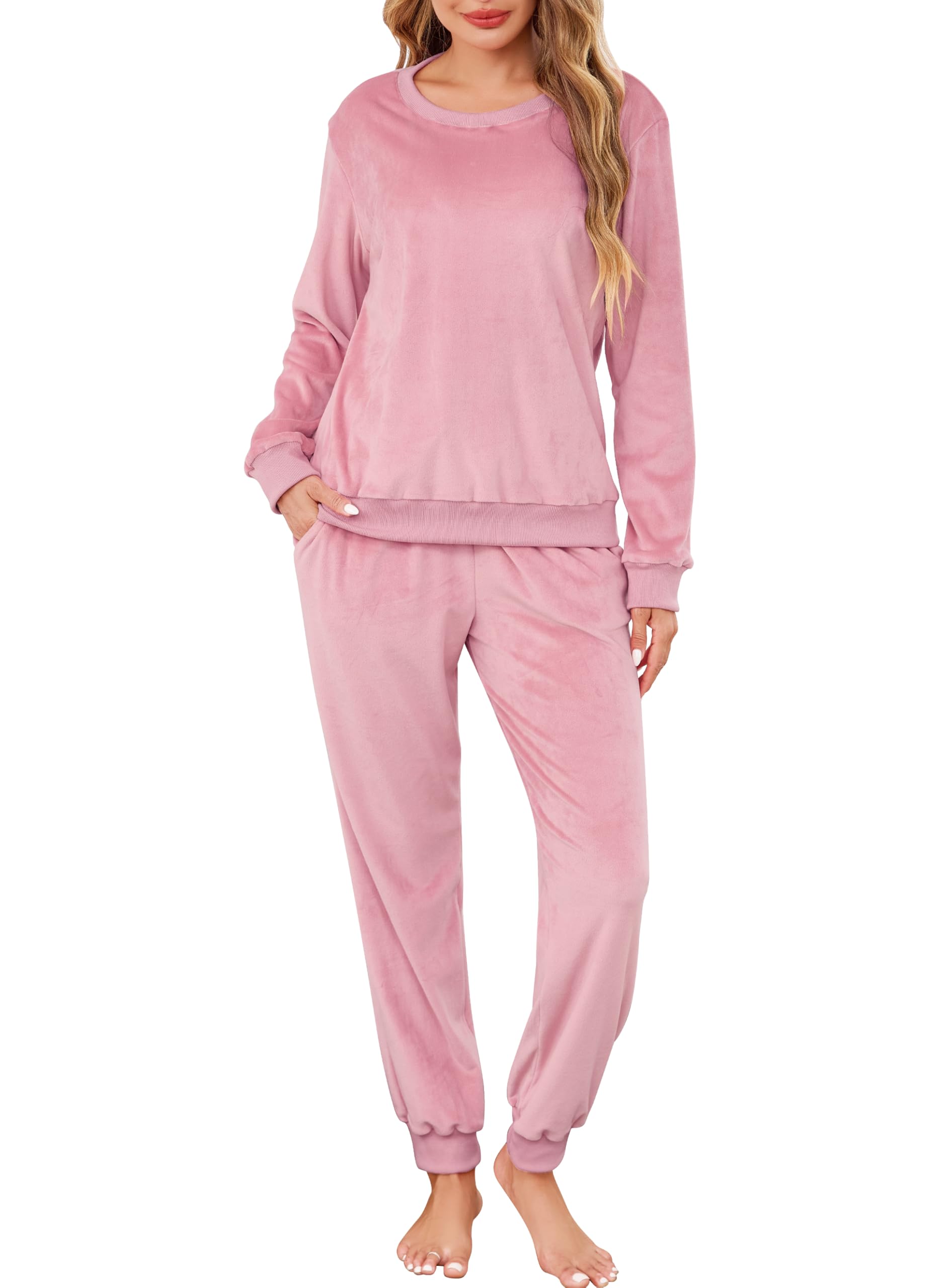 Sopesil Schlafanzug Damen Lang Winter Fleece Pyjama Sets Zweiteiler Schlafanzüge Warmer Velours Langarm Hausanzug Damen Fleece Herbst Loungewear mit Taschen S-XXL
