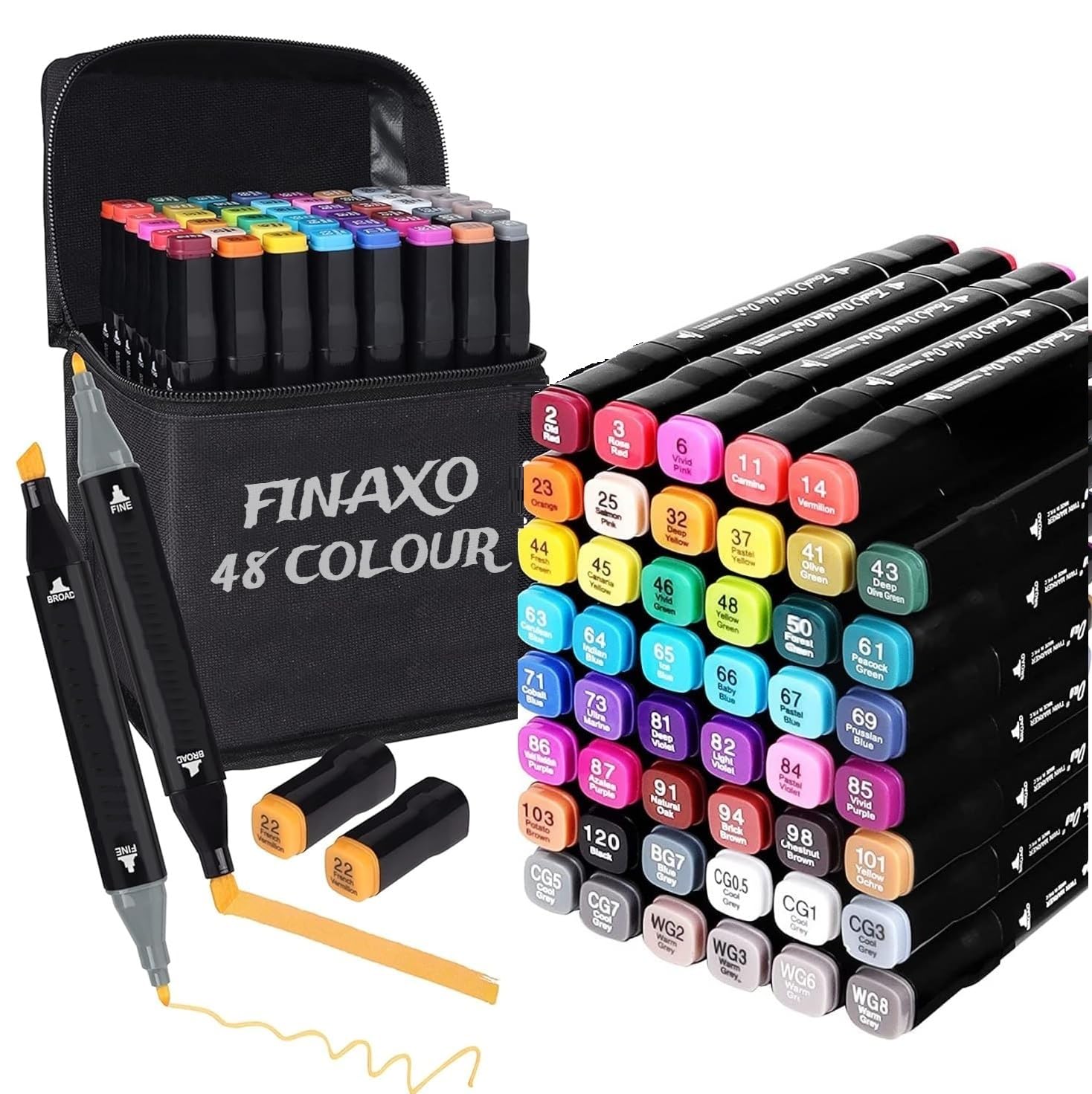 Finaxo Colors Art Markers Sketch Pen Dual Tip Artist Art Marker Vibrant Colors Set For Coloring Sketching Drawing Painting, Twin Head Permanent Sketch Markers Pen With Carry Case, Multicolor (48)