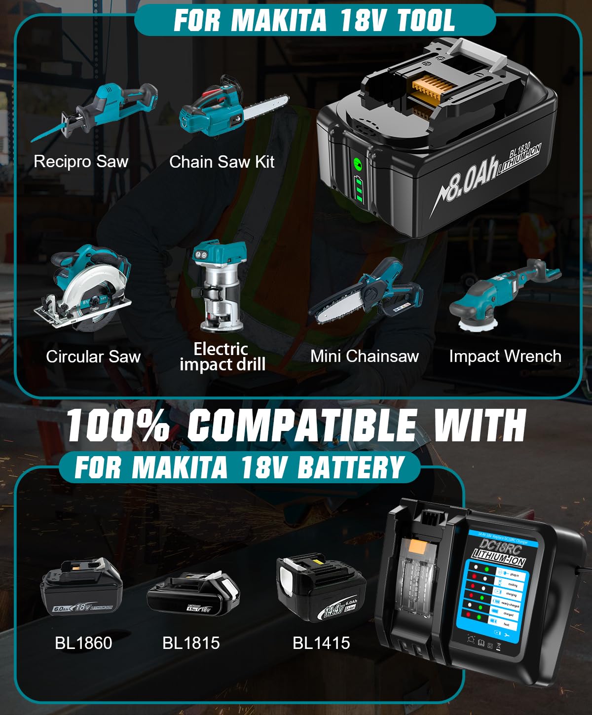 2 X 18V 8000mAh/8.0Ah BL1830 Ersatzakku für makita 18V Akku Li-ion BL1850 BL1850B BL1830 BL1860B BL1845 BL1835 BL1815 194205-3 LXT-400 BL1860 Akku with LED Werkzeugakku
