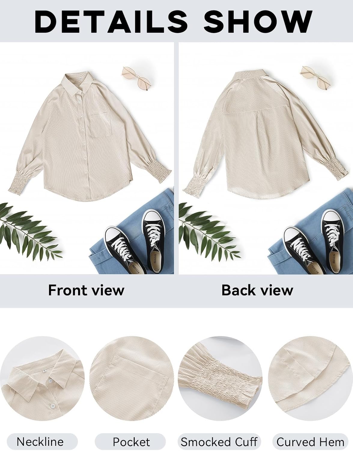 Womens Striped Button Down Shirts Smocked Cuffed Blouse Long Sleeve Casual Collar Oversized Shirt Tops with Pocket - Image 6