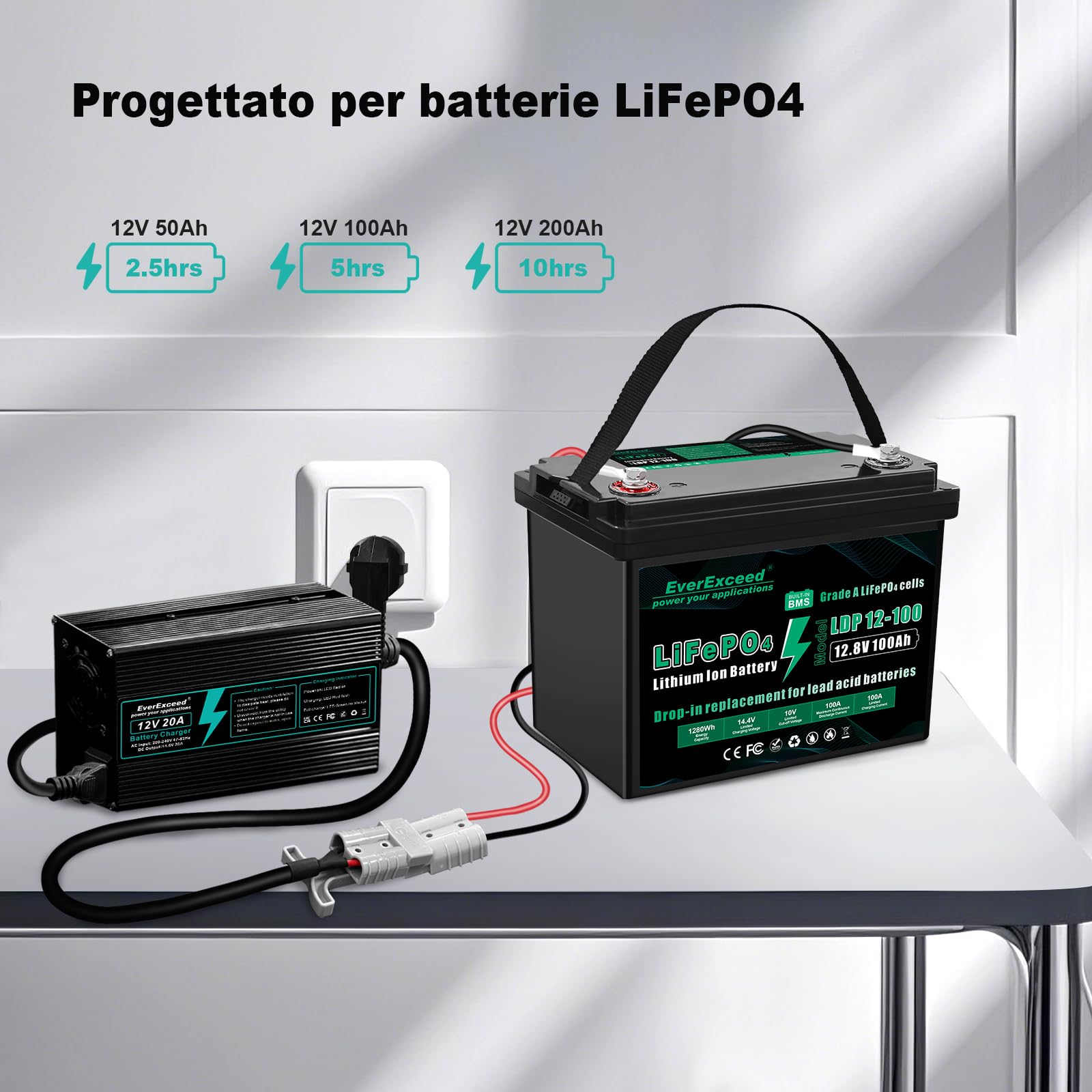 EverExceed Caricabatterie Lifepo4 12V 20A Lifepo4 Charger 14,6V AC-DC, Carica Batterie Litio 12V 20A per Lifepo4 batteria al litio a ciclo profondo di auto Marine RV