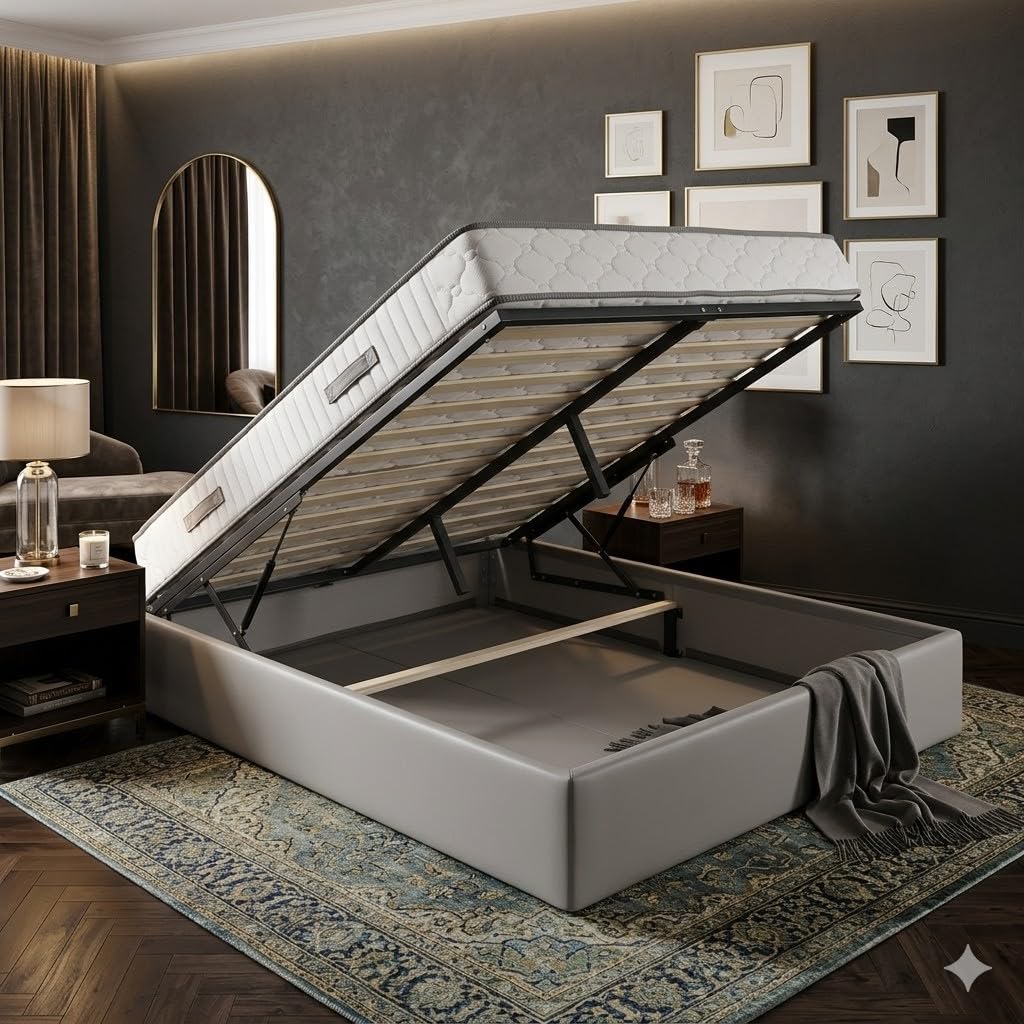 King of Dreams Ensemble Lit Coffre et Matelas 160x200 cm - Couleur : Gris - Sommier Relevable avec Vérins Hydrauliques - Matelas Soutien Très Ferme Haute Densité - Lit Coffre Déhoussable