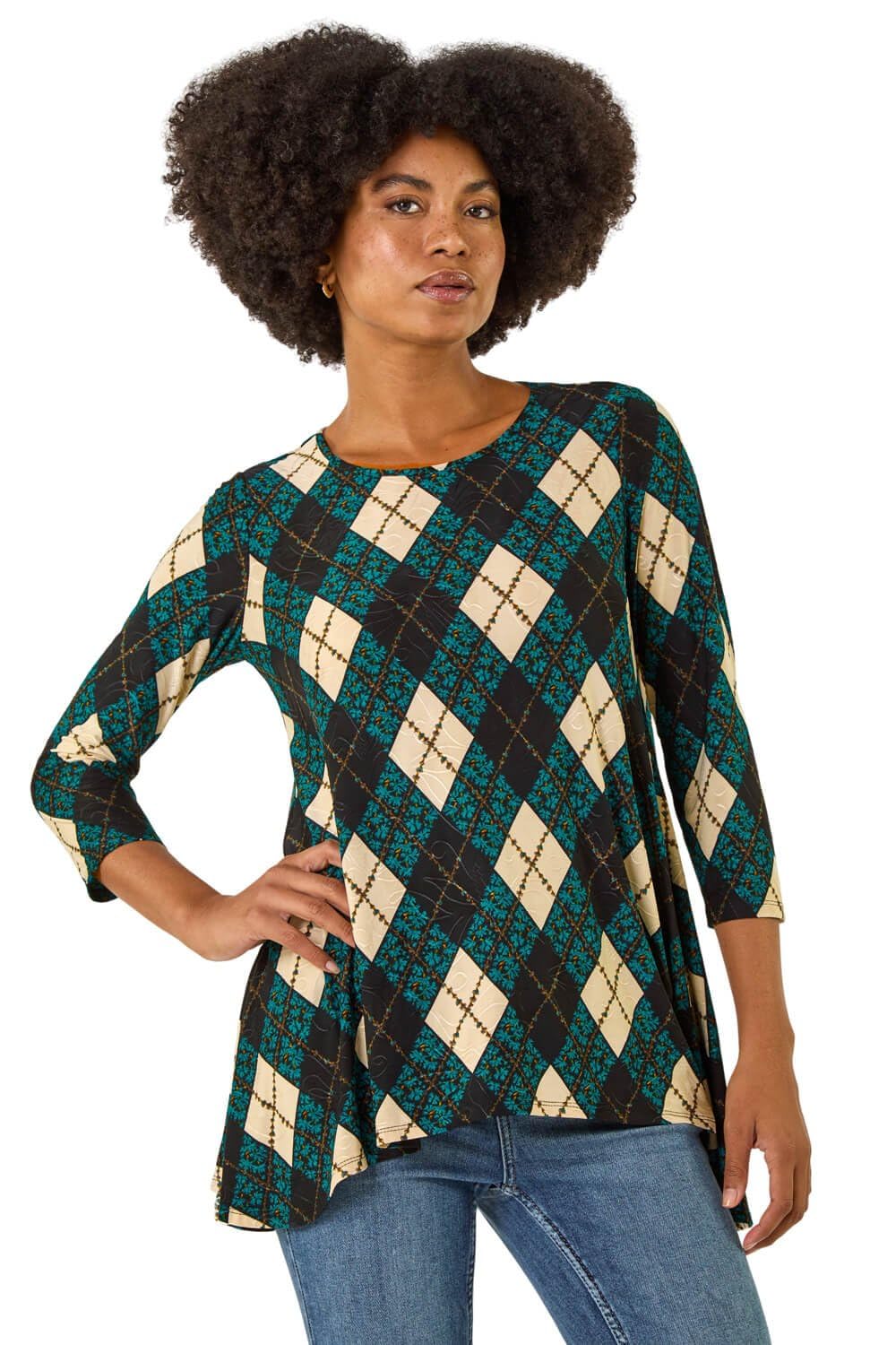 Roman Originals Hanky Hem Tunic Top for Women UK - Ladies Longline Blouse Asymmetric Hemline Casual Slouch Loose 3/4 Sleeves Round Neck Relaxed Comfortable Holiday - Teal Jacquard - Size 20
