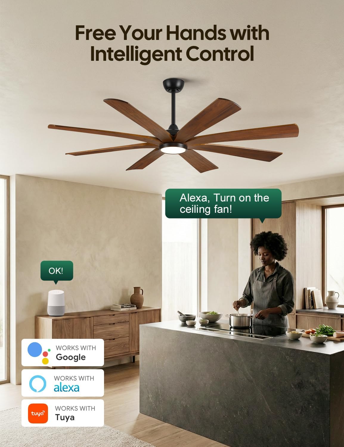65 Inch Smart Outdoor Ceiling Fan with Lights, Alexa/App/Remote Control, Damp Rated for Patios, 8 Brown Solid Wood Blades, High 9876 CFM Quiet DC Motor, Modern Farmhouse Style for Large Room Exterior