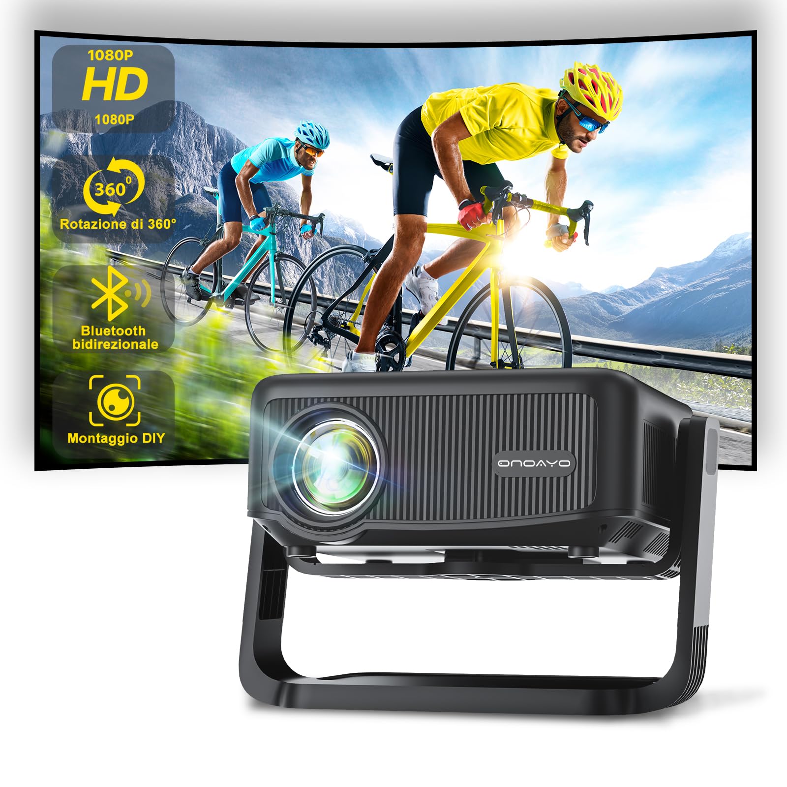 Proiettore portatile con rotazione a 360° Staccabile Auto Keystone 20000L 1080P HD 4K Supporto ONOAYO Mini Proiettore WiFi6 BT5.2, Zoom Fcous remoto Home Cinema per iOS/Android