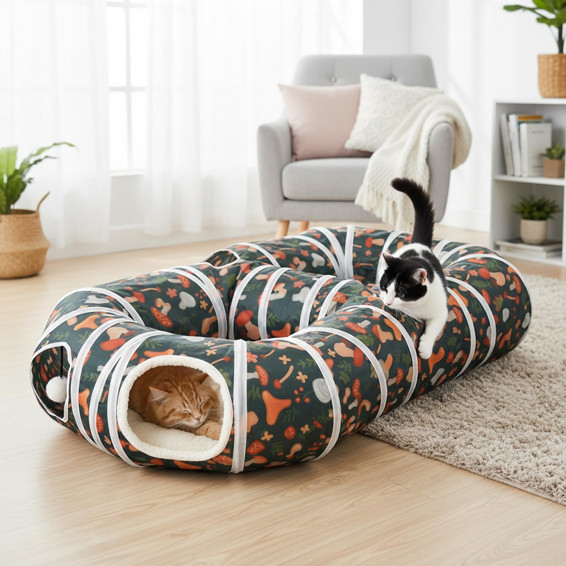 Cat Tunnels, 2-in-1 Plush Cat Play Tunnel with Hanging Ball, Foldable Pet Toy for Indoor Outdoor Fun, Large Tunnel, Tunnels