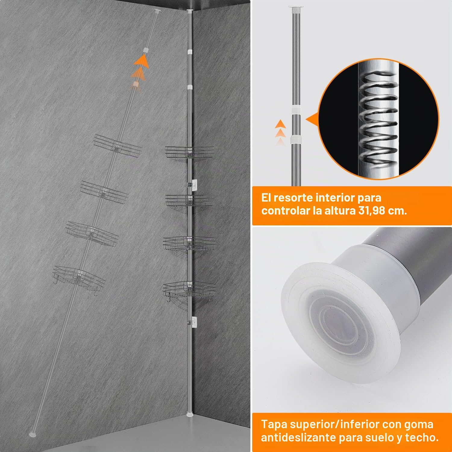 Telescópica Estanteria Ducha, Estante Ducha Esquina Ajustable sin Taladrar, Estantería Baño Metálica con 4 Cestas, Telescopica Estanteria de Ducha para Baño, 78-319cm, Gris