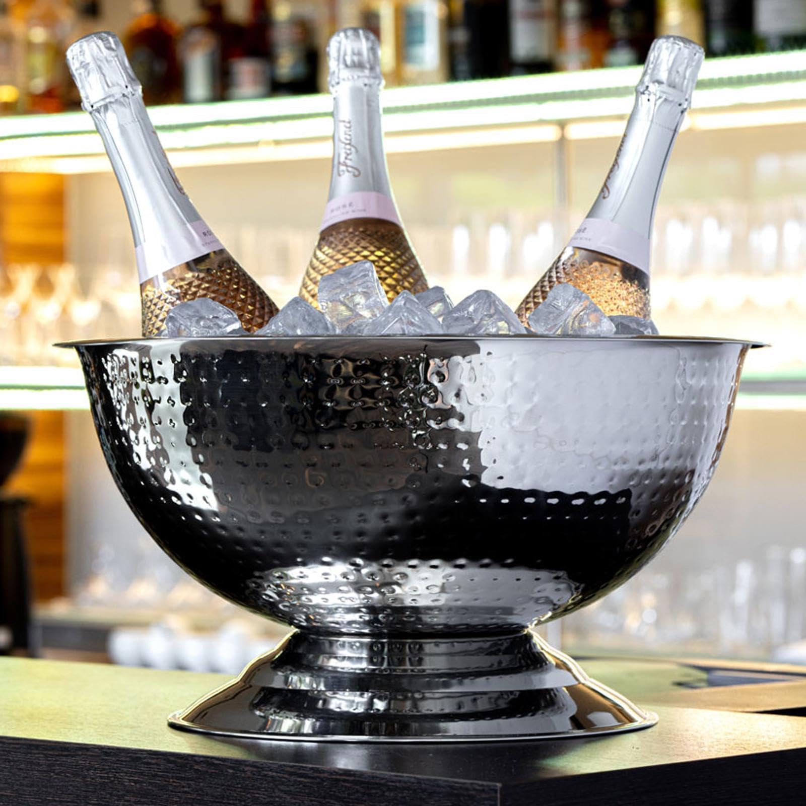 Edelstahl Flaschenkühler Ø 40 cm mit Hammerschlag-Optik und Fuß – große einwandige Tischschale für Sekt, Wein und Champagner – dekorativ für Bar, Esstisch und festliche Anlässe