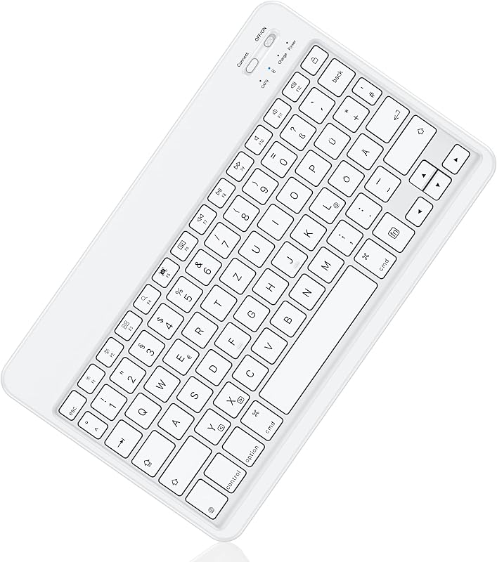 Emetok QWERTZ Bluetooth Billentyűzet iPad/iPhone Készülékekhez - Ultravékony, Újratölthető, Vezeték Nélküli Mini Billentyűzet, Fehér