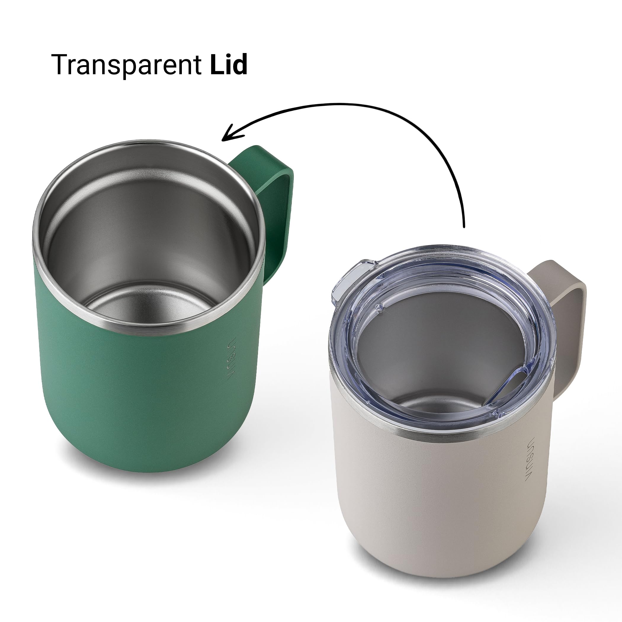 VINSUN Gobelet Isotherme avec Poignée 350ml - Tasse à Café à Emporter, Acier Inoxydable, Couvercle Transparent, Double Paroi - Mug Isotherme pour Bureau, Camping, Voyage (Lot de 2)