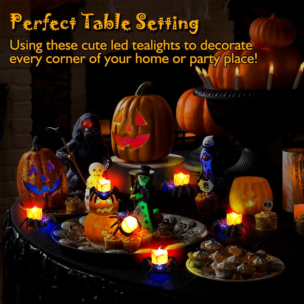Confezione da 6 candele a LED senza fiamma, a forma di ragno, 3D, con luci gialle calde e viola, funzionamento a batteria, per casa, Halloween, decorazioni natalizie