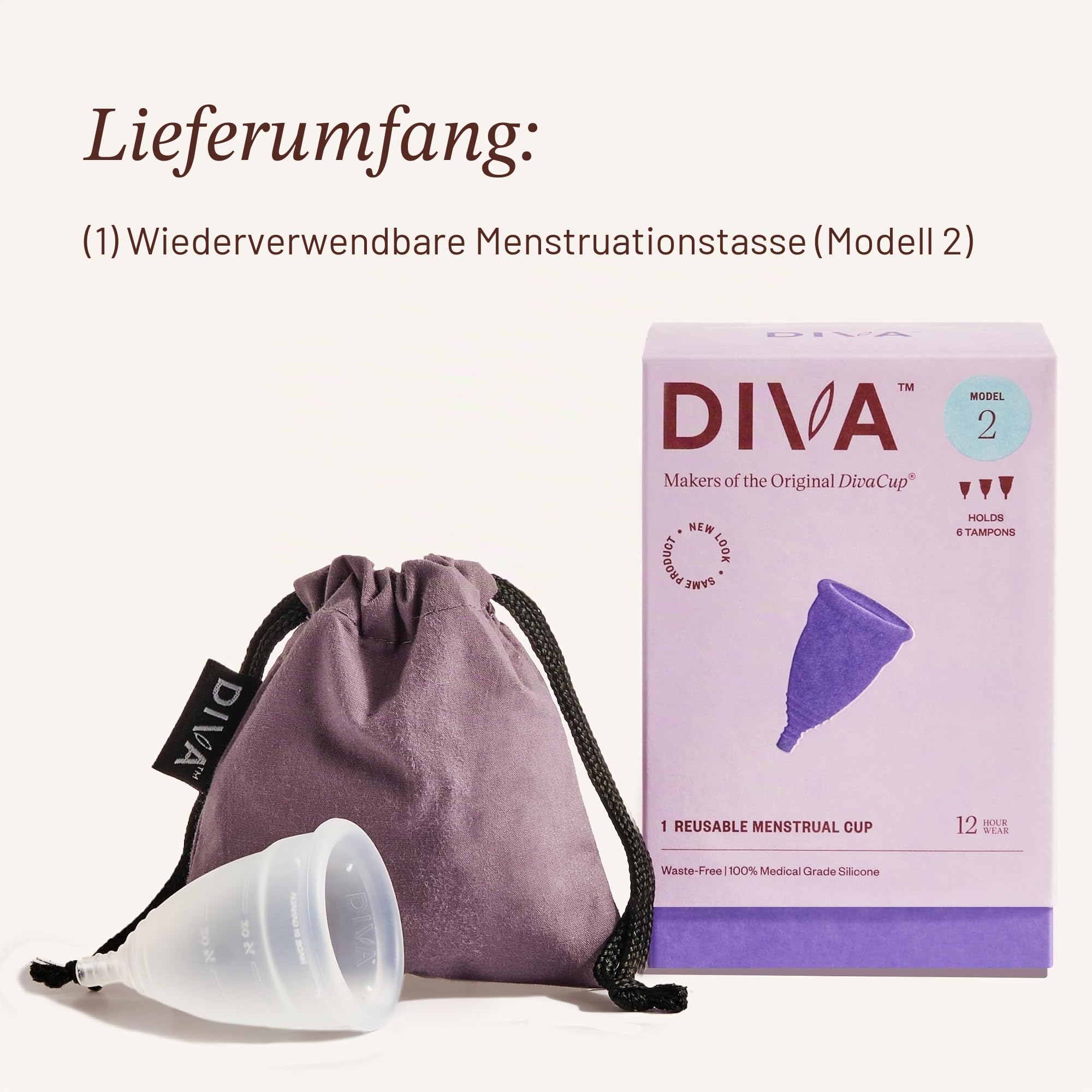 DivaCup Menstruationstassen Modell 2. 100 % Silikon in medizinischer Qualität, BPA-frei