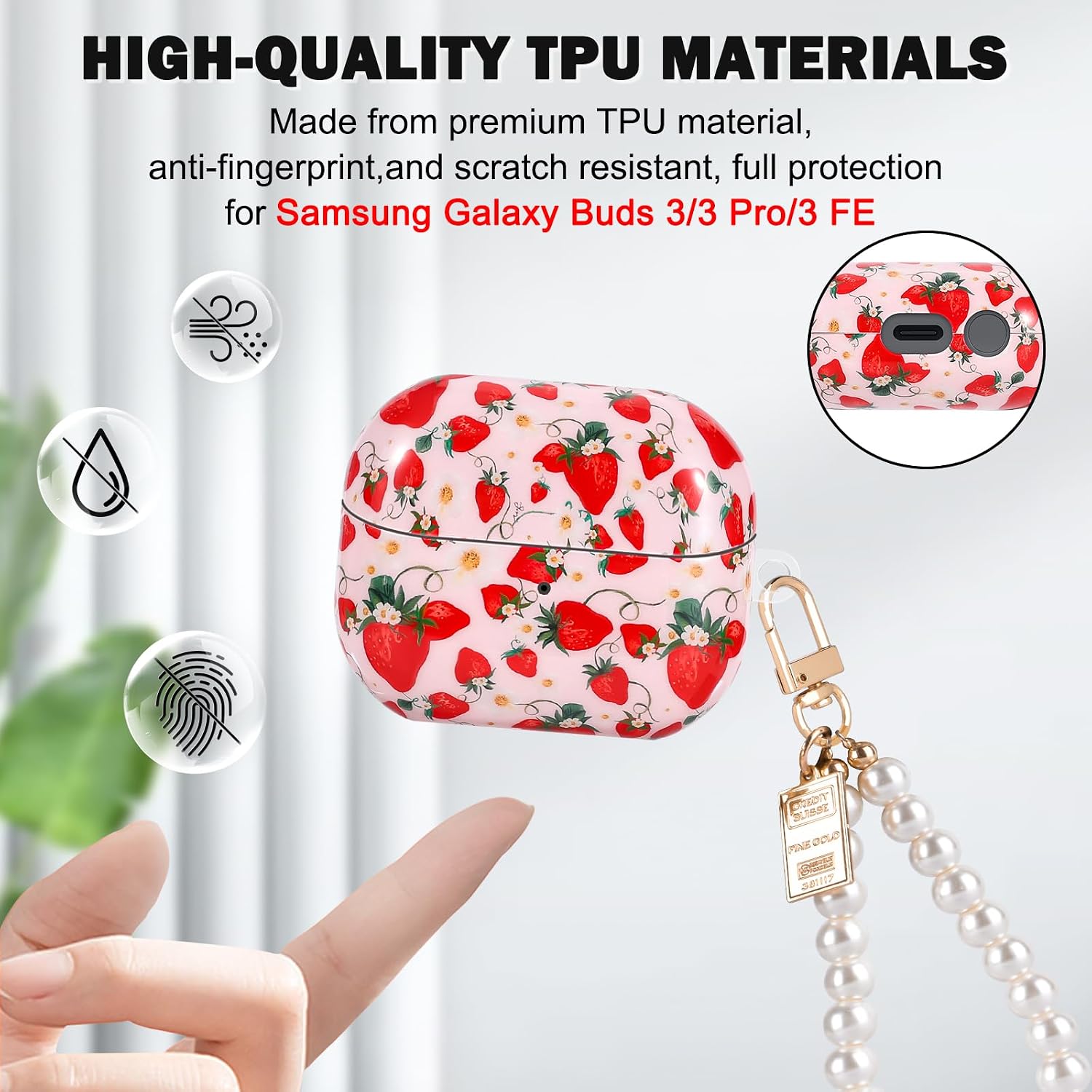CameCosy Protective Cover Compatible with Samsung Galaxy Buds 3 FE/Buds 3 Pro/Buds 3 with Pearl Bracelet Keyring, TPU Case with Strawberry Pattern for Women, Shockproof Anti-Scratch Cover image 4