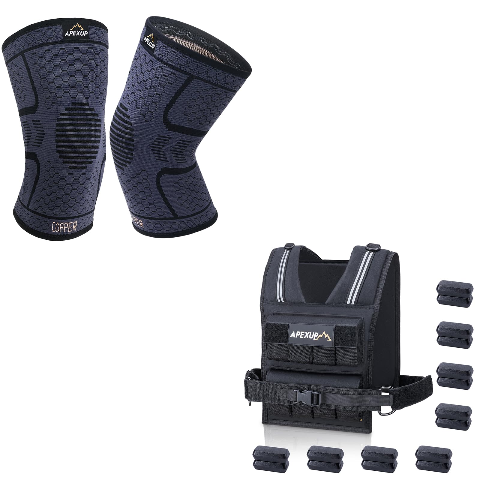 APEXUP Adjustable Weighted Vest 40lbs 2PK Compression Copper Knee Brace M