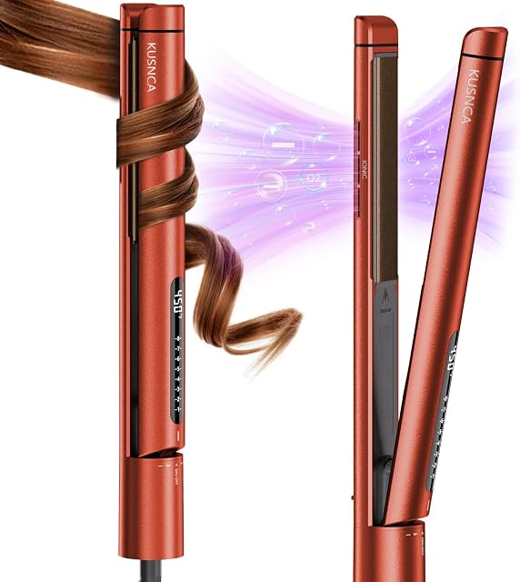 KUSNCA Lève-cheveux, Lisse-cheveux professionnel plat en fer et curler 2 en 1, Céramique Négatif Lève-cheveux Ion, Lisse-voyage double tension, fonction anticalcaire avant, LCD 230°F-450°F, 1 Inch (Rouge)