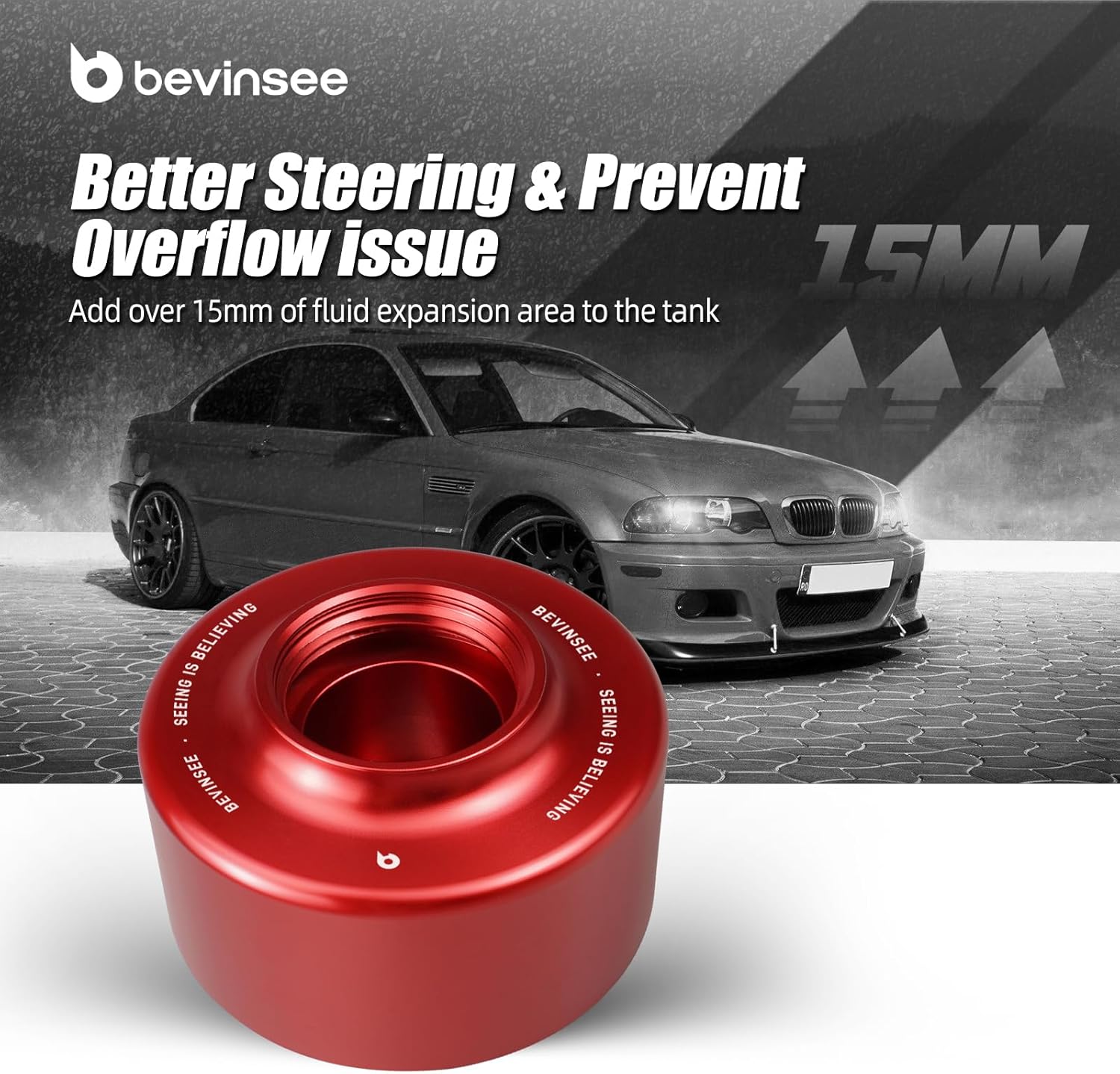 Bevinsee Power Steering Reservoir Cap Kit Compatible with BMW E46 E90 325i 328i 330i M54 N54 Engines E36 E85 Z4 E53 E83 E84, Red, Aluminum