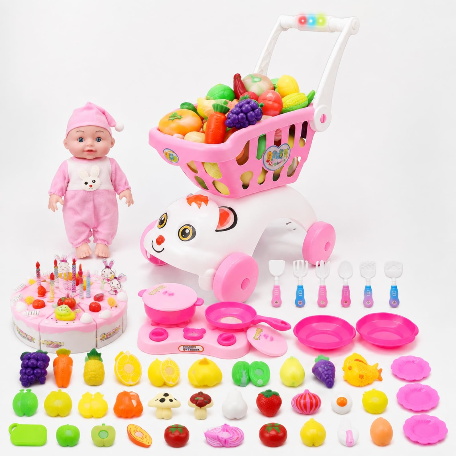 Milageto Carrello Spesa Giocattolo Interattivo Carrello Giocattolo con Prodotti Ortofrutticoli Finte Idea Regalo per Bambini,