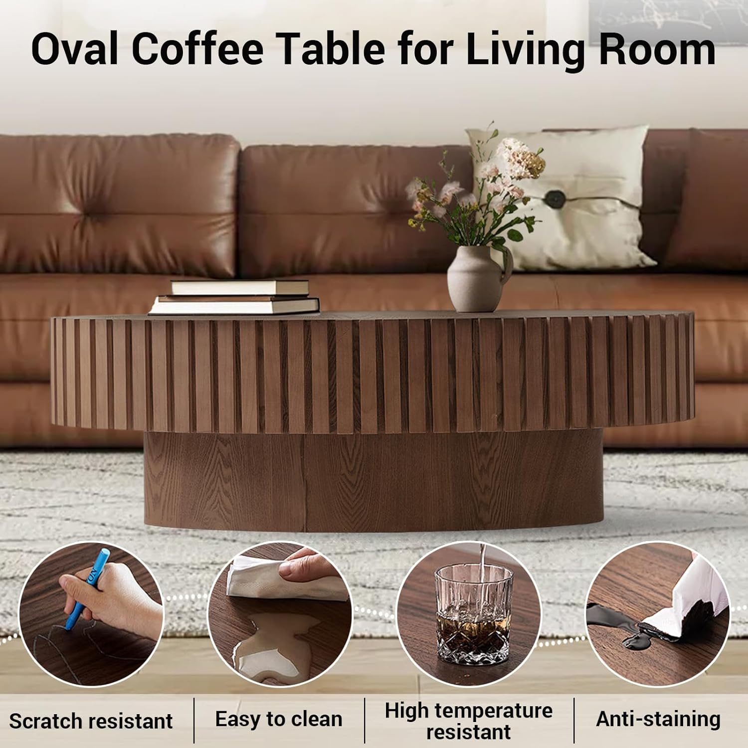 43.3" Oval Wood Coffee Table, Modern Fluted Drum Coffee Table with Handcrafted Relief & Sturdy Pedestal Unique Center Table Tea Table for Famhouse Living Room,Brown Oval