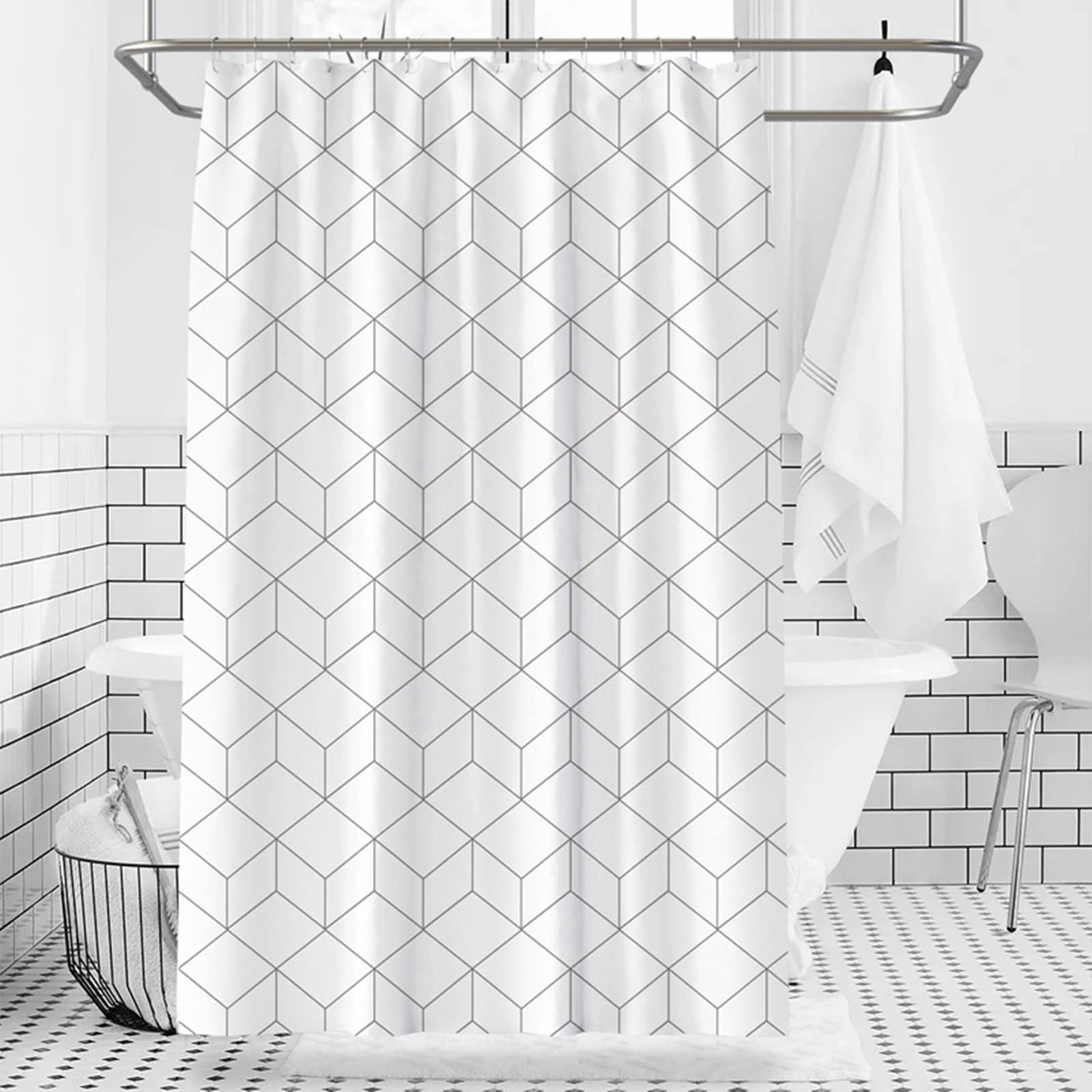 Tenda Doccia 180 x 180, Poliestere Bianco Modello a quadri cubico Tenda vasca da bagno, lavabile, asciugatrice rapida