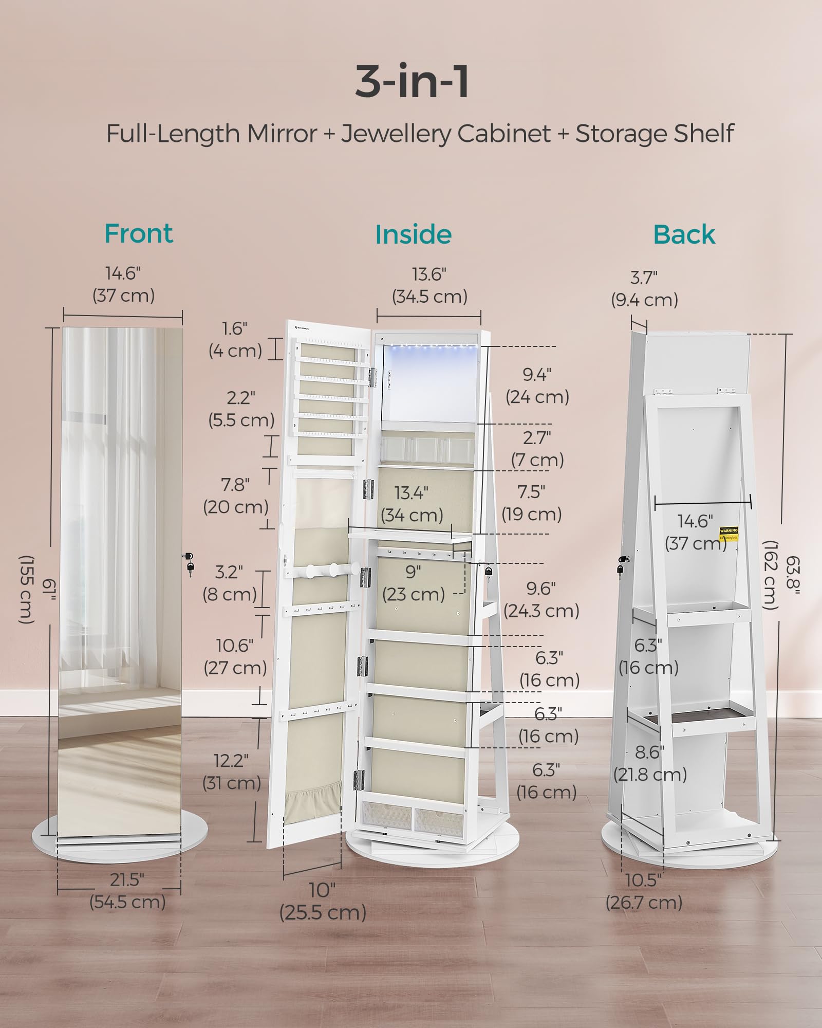 SONGMICS 6 LEDs Mirror Jewellery Cabinet, 360° Swivel Jewellery Storage Organiser, Lockable, Free-Standing Frameless Full-Length Mirror with Storage, White Surface, Greige Lining JJC007W02 — view 5