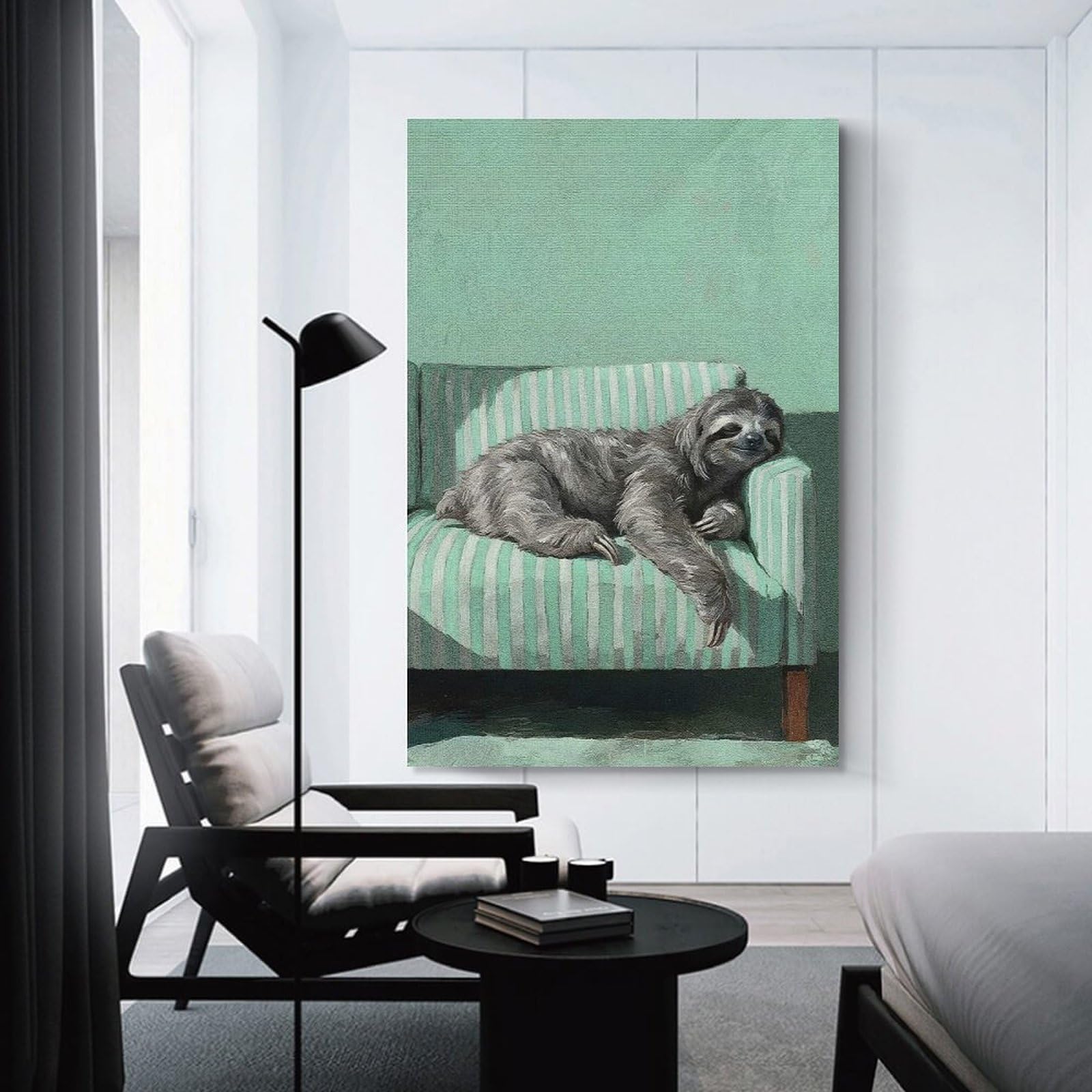Junmoney Sloth Resting on Striped Couch Canvas Wall Picture, 20x30inch(50x75cm), for Study, Office Or Apartment Decor, A Wall Art Gift for Fresh Interiors