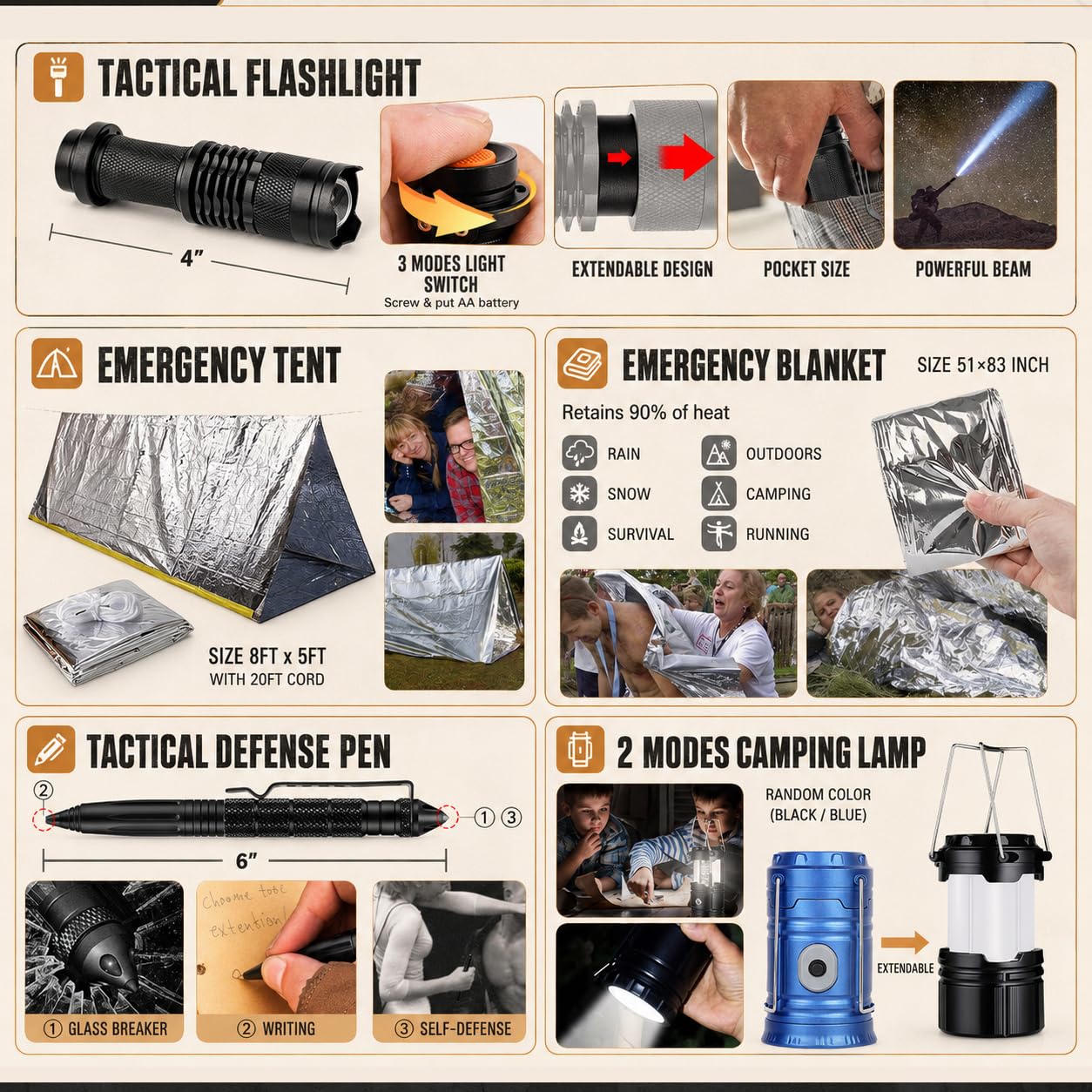 Kit di sopravvivenza, 250 pezzi Kit di primo soccorso per ingranaggi di sopravvivenza con sacchetto compatibile con sistema a molle e tenda di emergenza, kit di emergenza per la terra, avventura