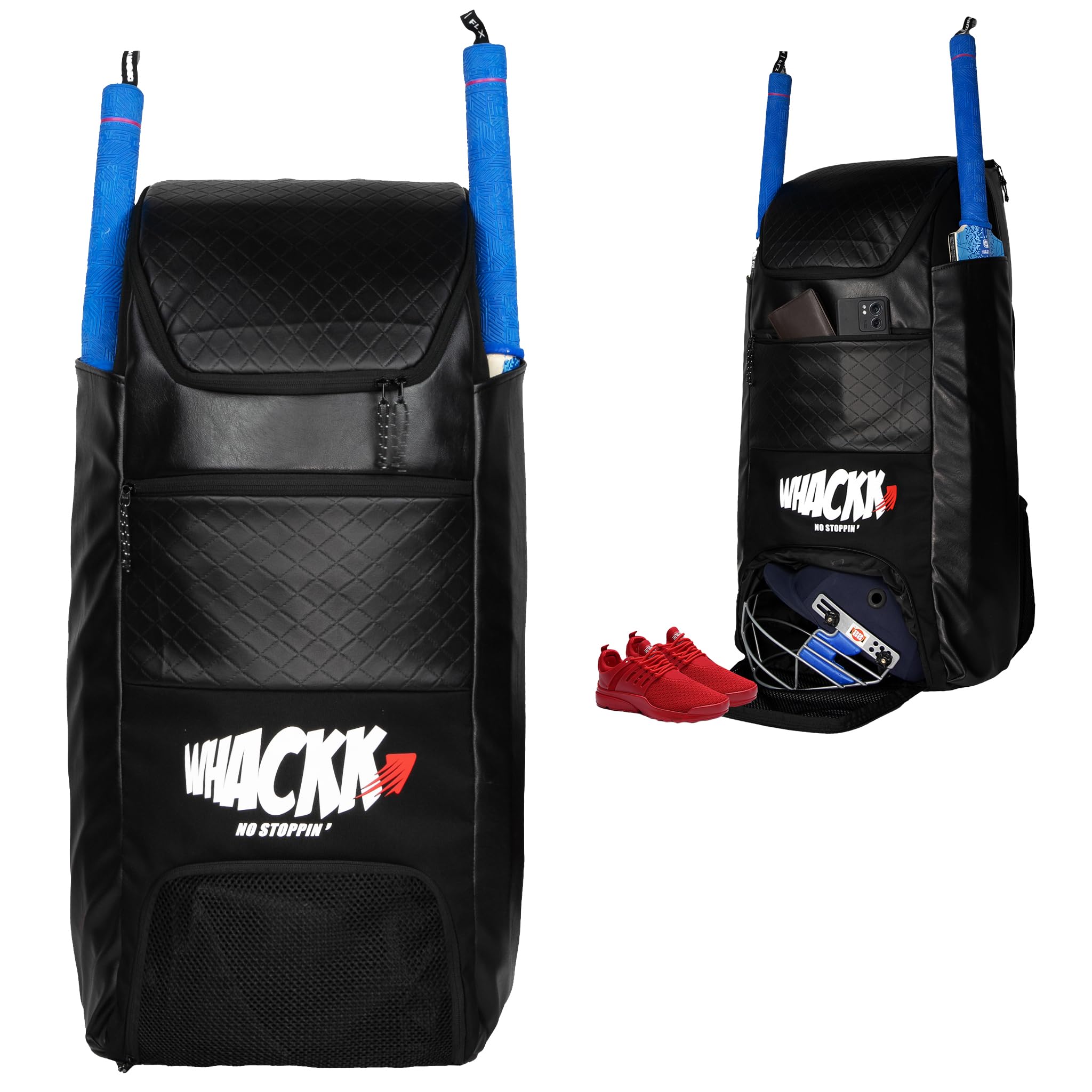 WHACKK Lara Blk 72L | Premium Artificial Vegan Faux Leather Cricket Backpack|KitBag|Adult Size|2 Bat Pocket|Shoe/Helmet Pocket|Fit 18" Leg Pad 2 Bottle Holder|Easy Access|Player Senior