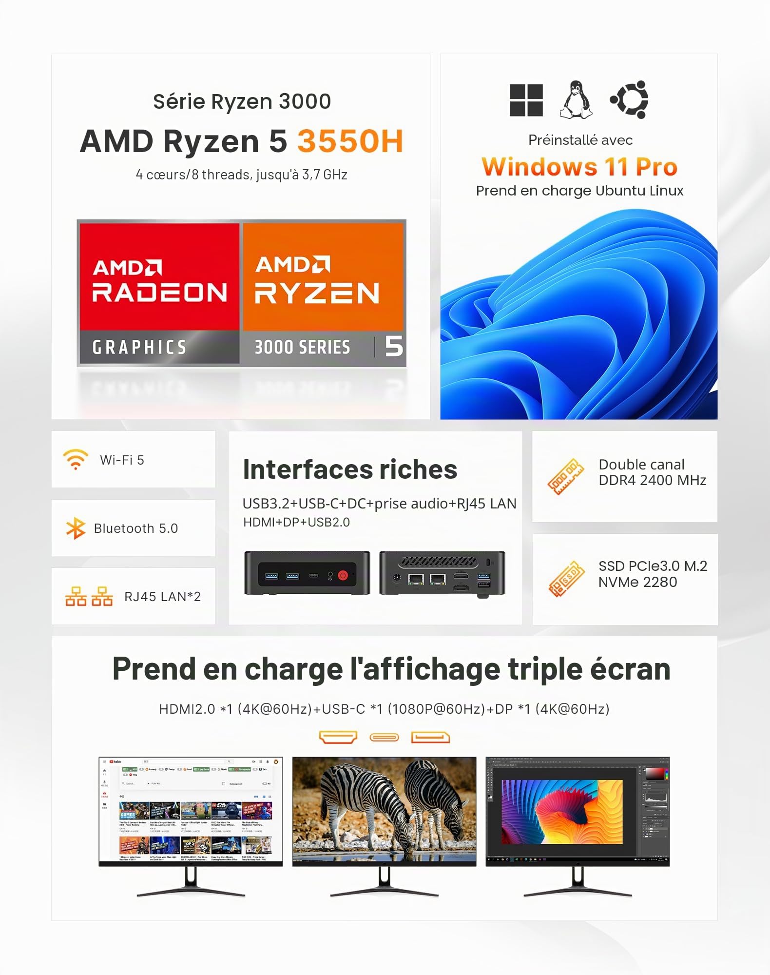 BOSGAME E4 Home-Office-Mini PC, Ryzen 5 3550H (jusqu'à 3,7 GHz, meilleur que le N150), 16 Go RAM DDR4, SSD NVMe 512 Go, Mini Ordinateur, affichage triple 4K, HDMI/USB-C/DP, Double LAN, Wi-Fi 5, BT 5.0