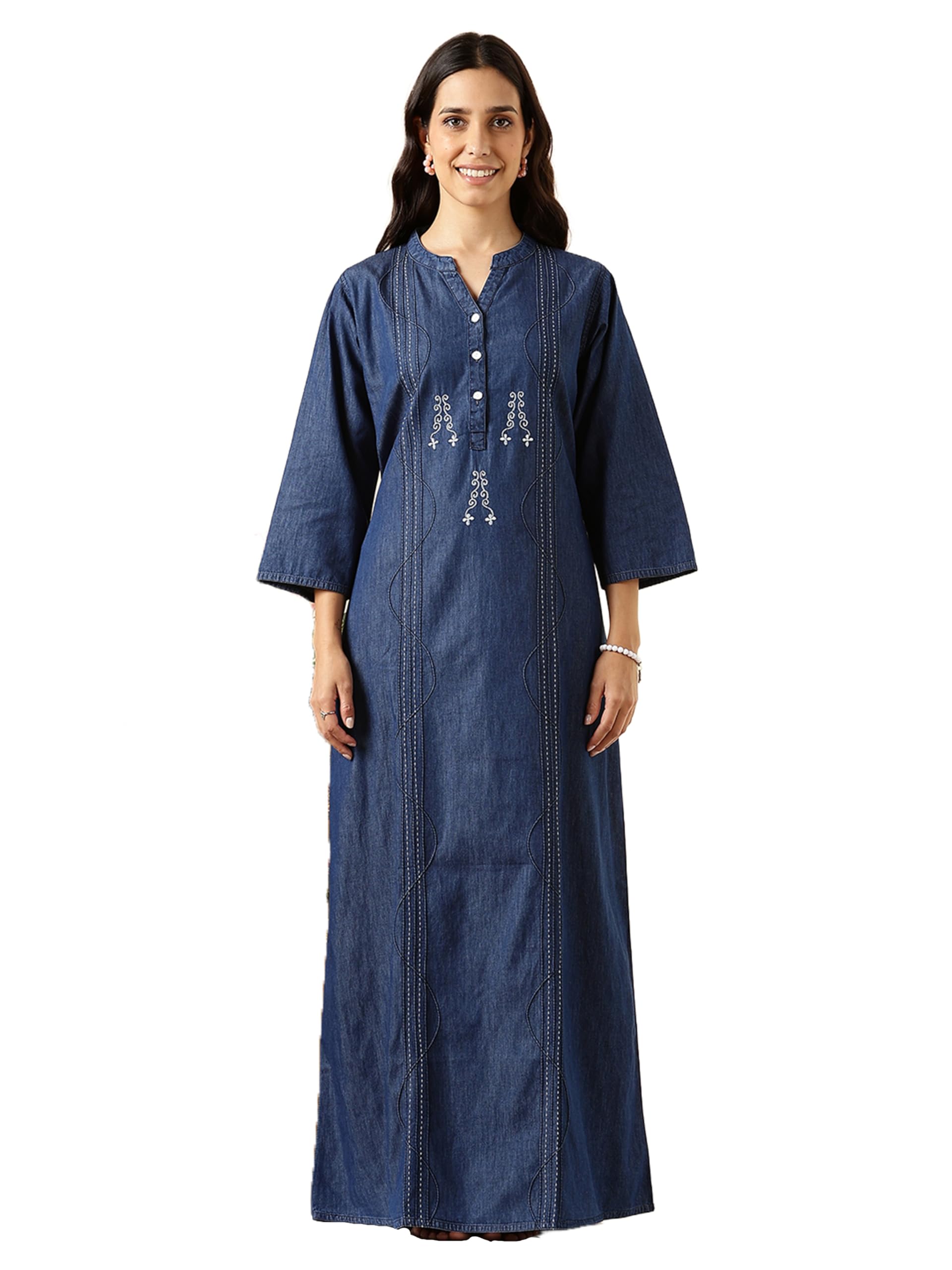 Comfortable Cotton Denim Finish Nightdress for Women with Button Placket and Pocket(9SDLSS)-image-5