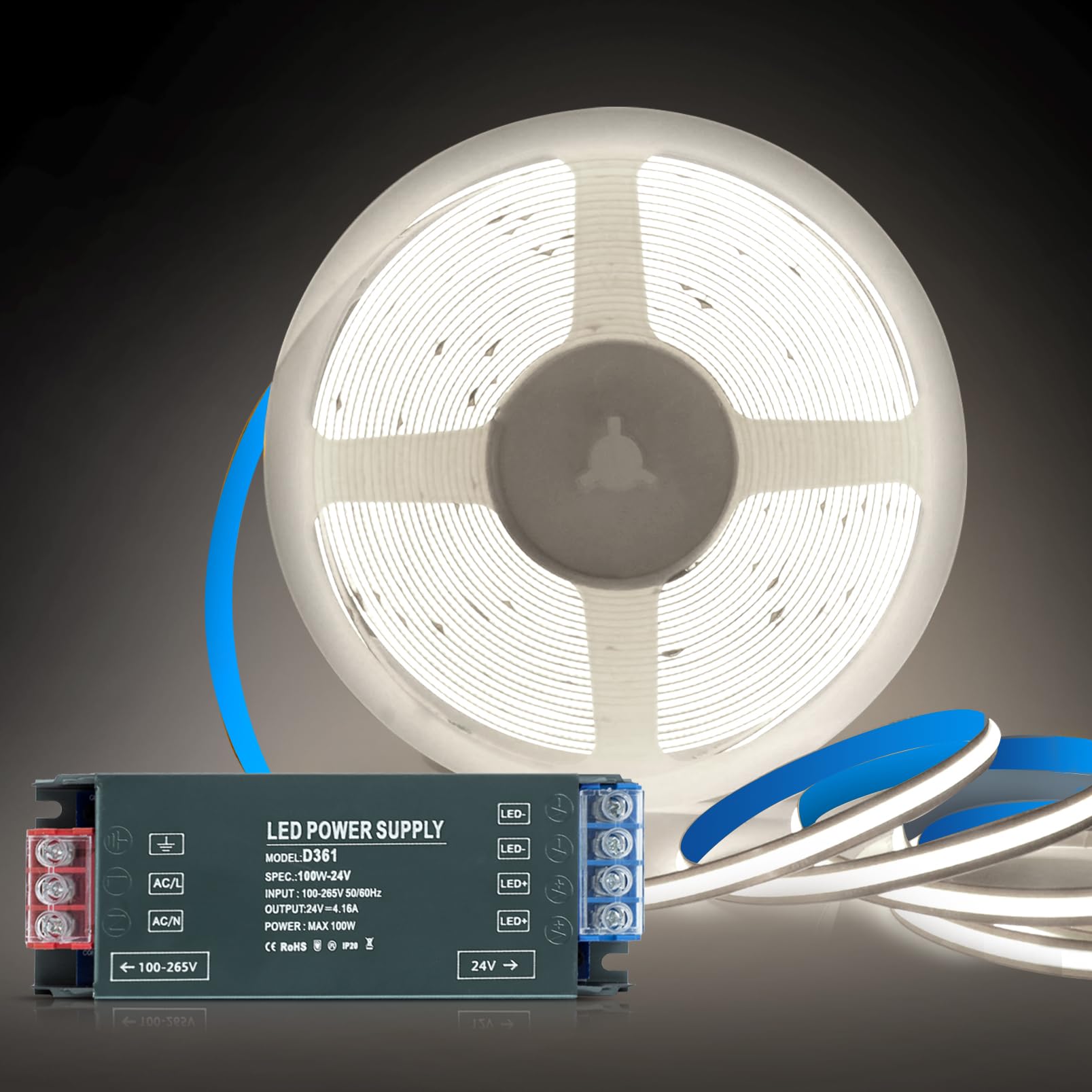 KSIBNW COB LED Strip 24V 5M, Cool White 6000K LED Strips Lights Kit 8mm Width Tape Lights Flexible CRI90+ Uniform Dotless with 24V Power Supply 100W Transformer for Cabinet Kitchen Mirror — image 1