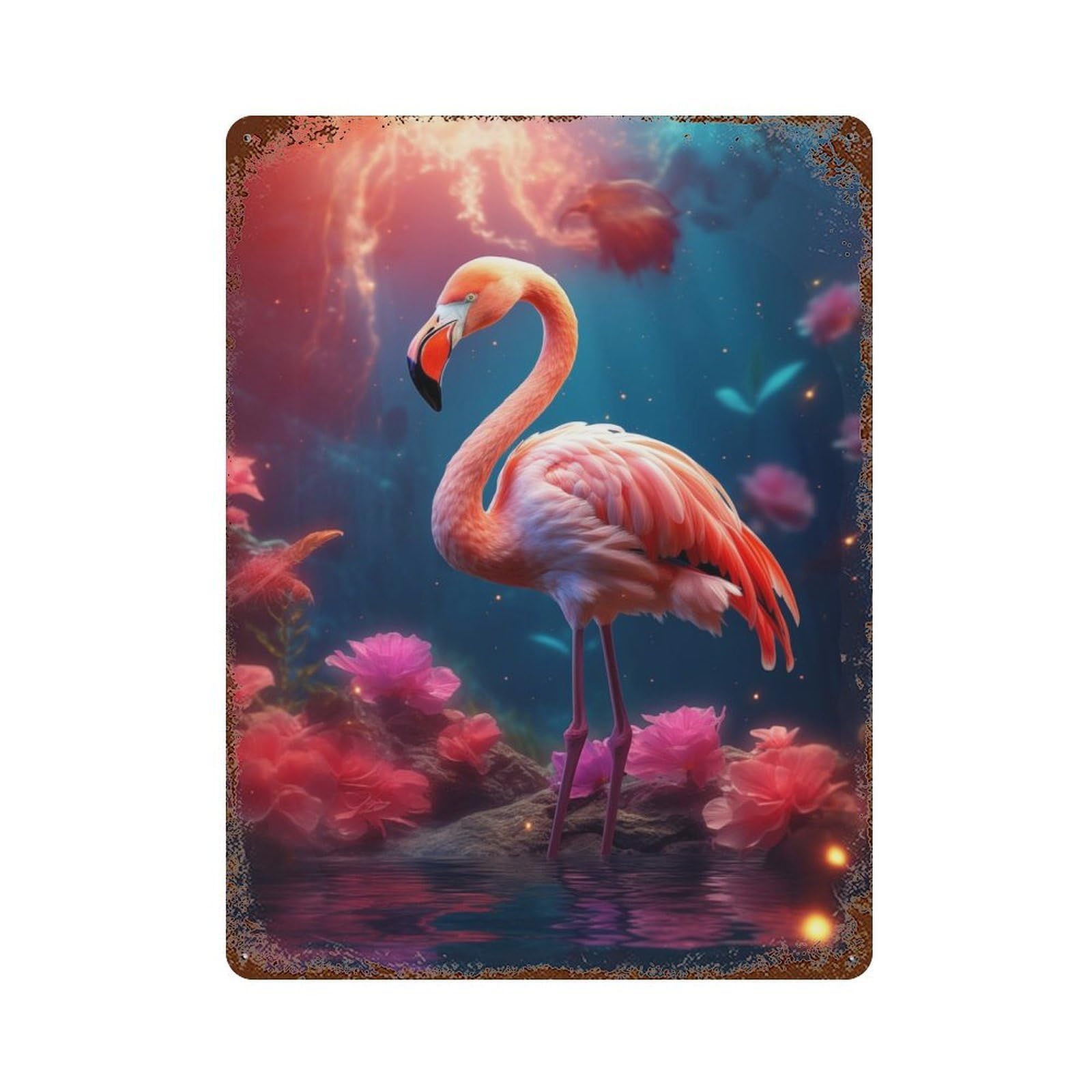 Floral Flamingo Flowers Rusty Metal Tin Sign 15.7"x11.8", for Pub, Kitchen And Man Cave Decor, Farmhouse Wall Decor