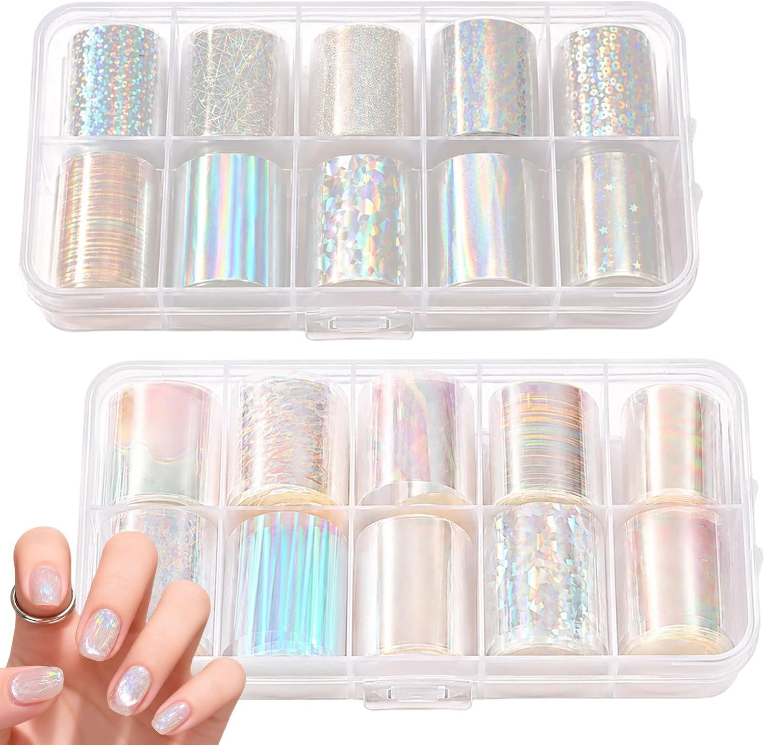 2 Box 20 Rolls Nail Transfer Foil, Clear Iridescent Foil Nail Art | Aurora Holographic Nail Foil Sheets for Women DIY Clear Laser Glass Shiny Iridescent Manicure Designs