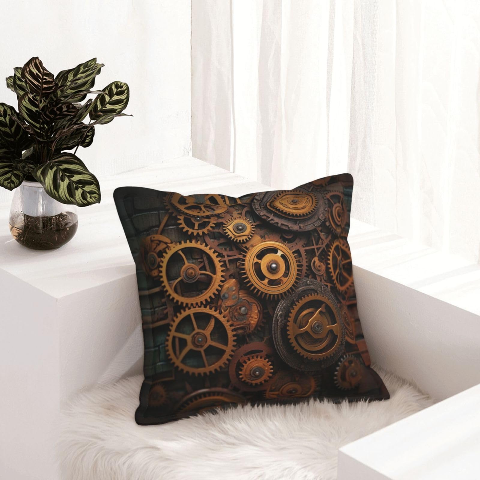 Housse de coussin industrielle 50,8x50,8 cm similicuir et engrenages métal décoration lit