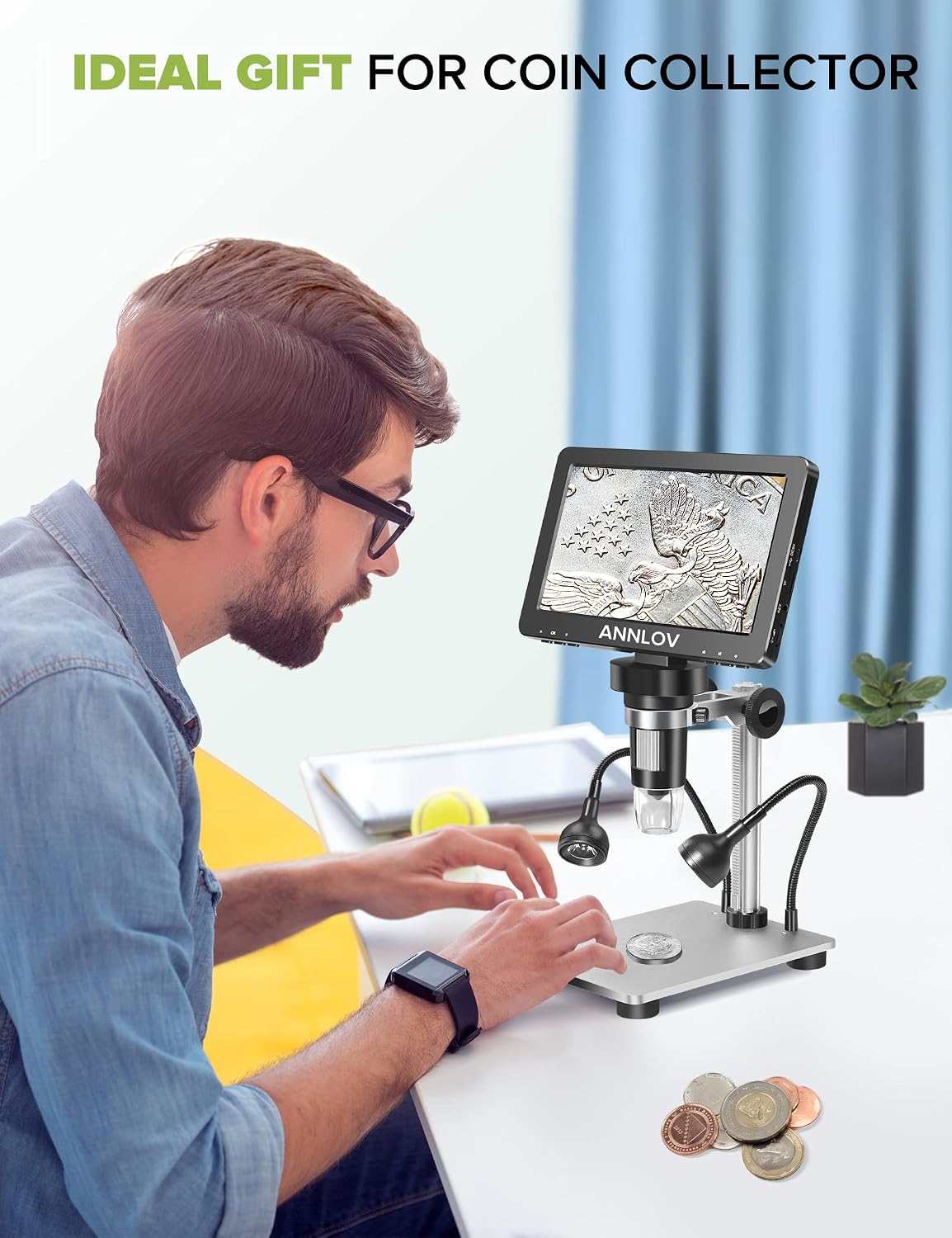 ANNLOV 7 inch LCD Digital Microscope 50-1200X Maginfication 1080P USB Video Microscope Camera with Wired Remote 10 Adjustable LED Lights for Circuit Board Soldering PCB Kids Coin Microscope