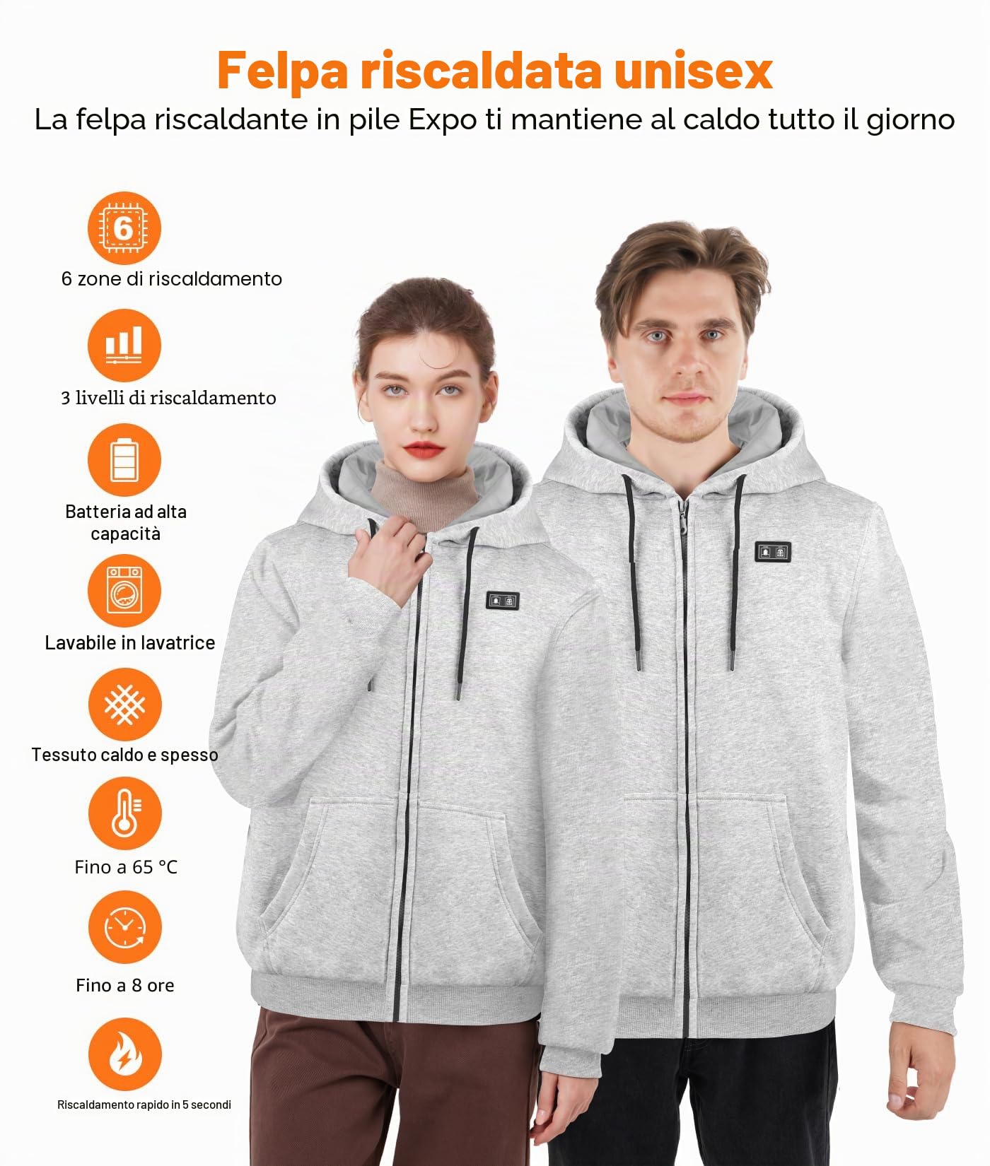 Felpa con Cappuccio Riscaldata Giacca con Cappuccio Riscaldante con e in Pile per Uomo e Donna - Giacca Termica Intelligente 6 Zone, 3 Livelli di Calore - Batteria 7.4V 16000mAh per Outdoor, Campeggio
