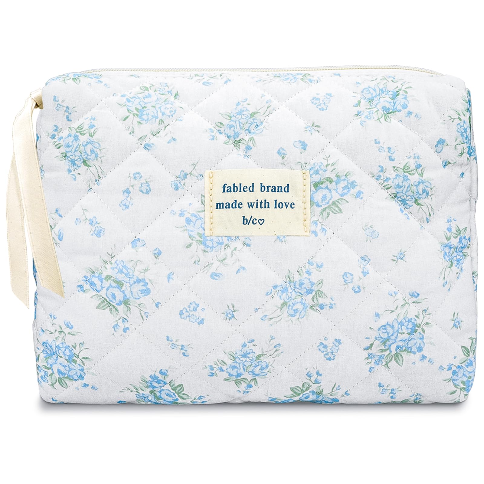 Sminra Makeup Bag Large Travel Quilted Cosmetic Makeup Bag Organizer, Floral Cotton Coquette Aesthetic Toiletry Bag for Women Girls (Blue Romantic